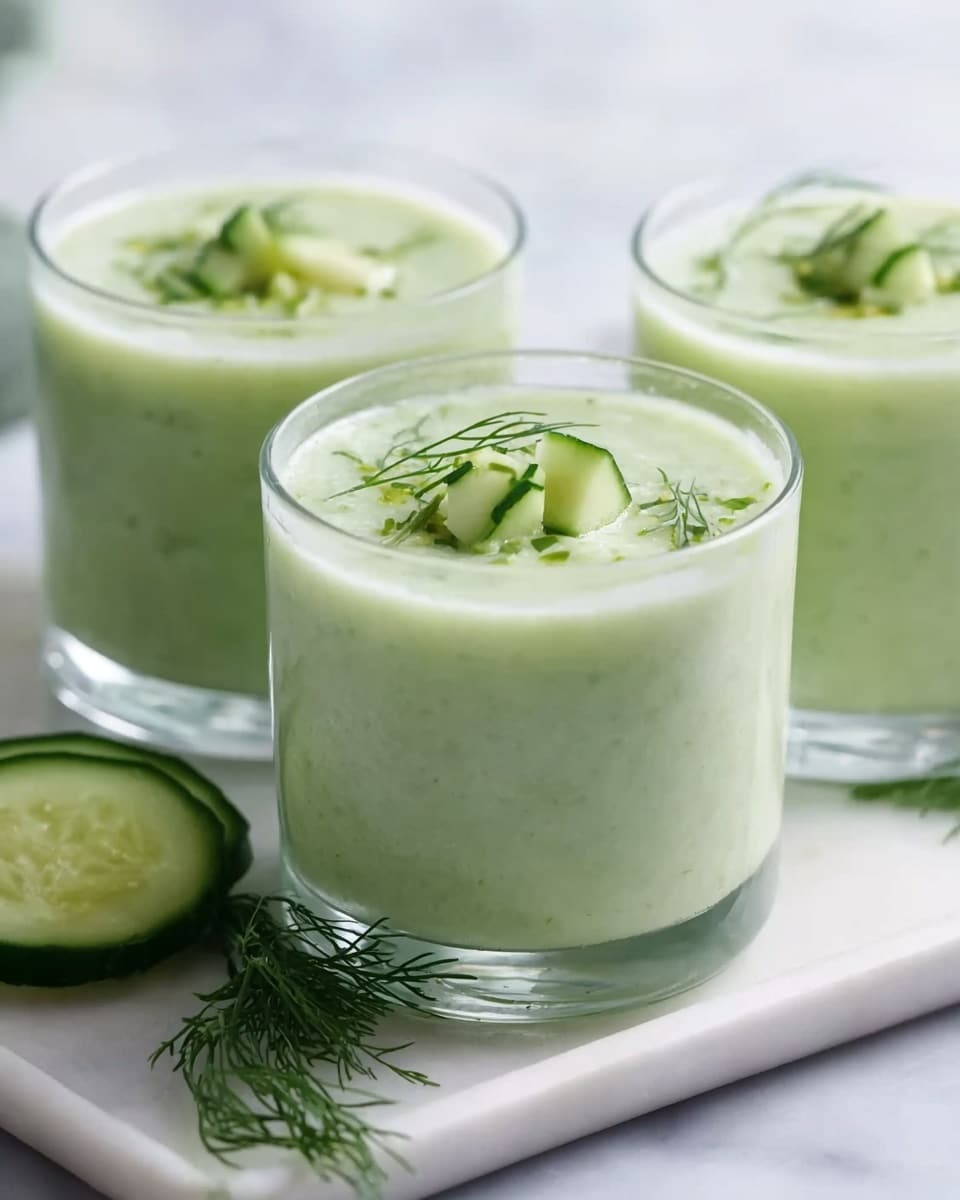 Three clear round glasses are filled with a smooth light green cucumber soup that has a creamy texture. Each glass is topped with small pieces of cucumber and a small sprig of dill. They are placed on a white rectangular tray over a white marbled surface. In the front left corner, there is a fresh slice of cucumber with a small sprig of dill resting on it. The background is softly blurred to keep the focus on the glasses. Photo taken with an iphone --ar 4:5 --v 7