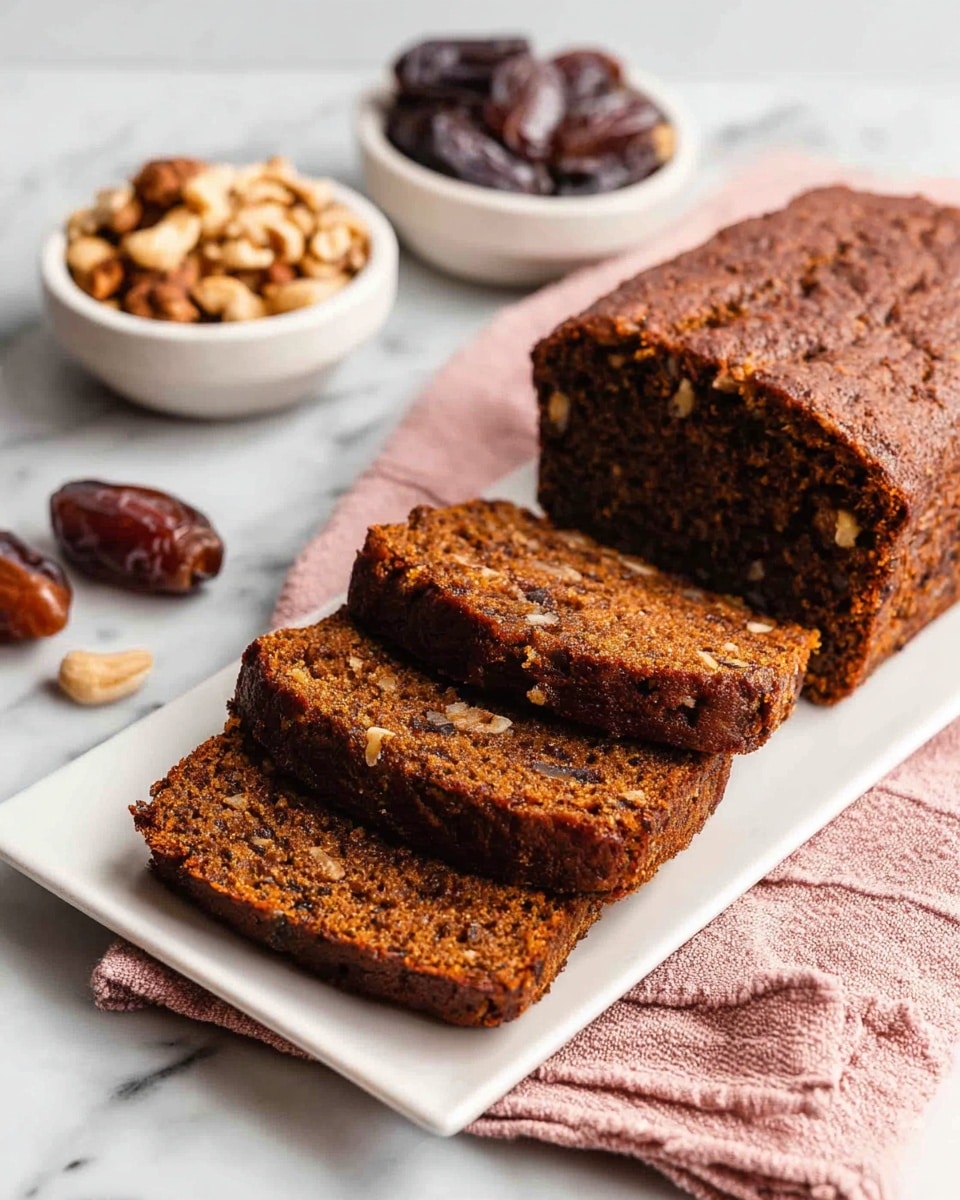 A white rectangular plate holds a loaf of dark brown bread with four slices cut and laid out in front of the rest of the loaf, showing a dense texture filled with visible pieces of nuts and dates. Behind the plate, two small white bowls contain more nuts and dates, arranged on a soft pink cloth on top of a white marbled surface. A few loose nuts and dates are scattered near the plate. The photo is taken with an iphone --ar 4:5 --v 7