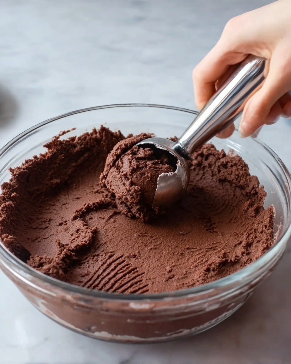 A clear glass bowl sits on a white marbled surface filled with rich, dark brown chocolate dough that looks smooth and thick. A woman's hand holds a shiny metal ice cream scoop pressing gently into the dough, creating small rounded indentations and some texture lines across the surface. The bowl is round and transparent, showing the thick chocolate dough inside with uneven edges where it has been scooped. The background is softly blurred, focusing on the dough and scoop. photo taken with an iphone --ar 4:5 --v 7