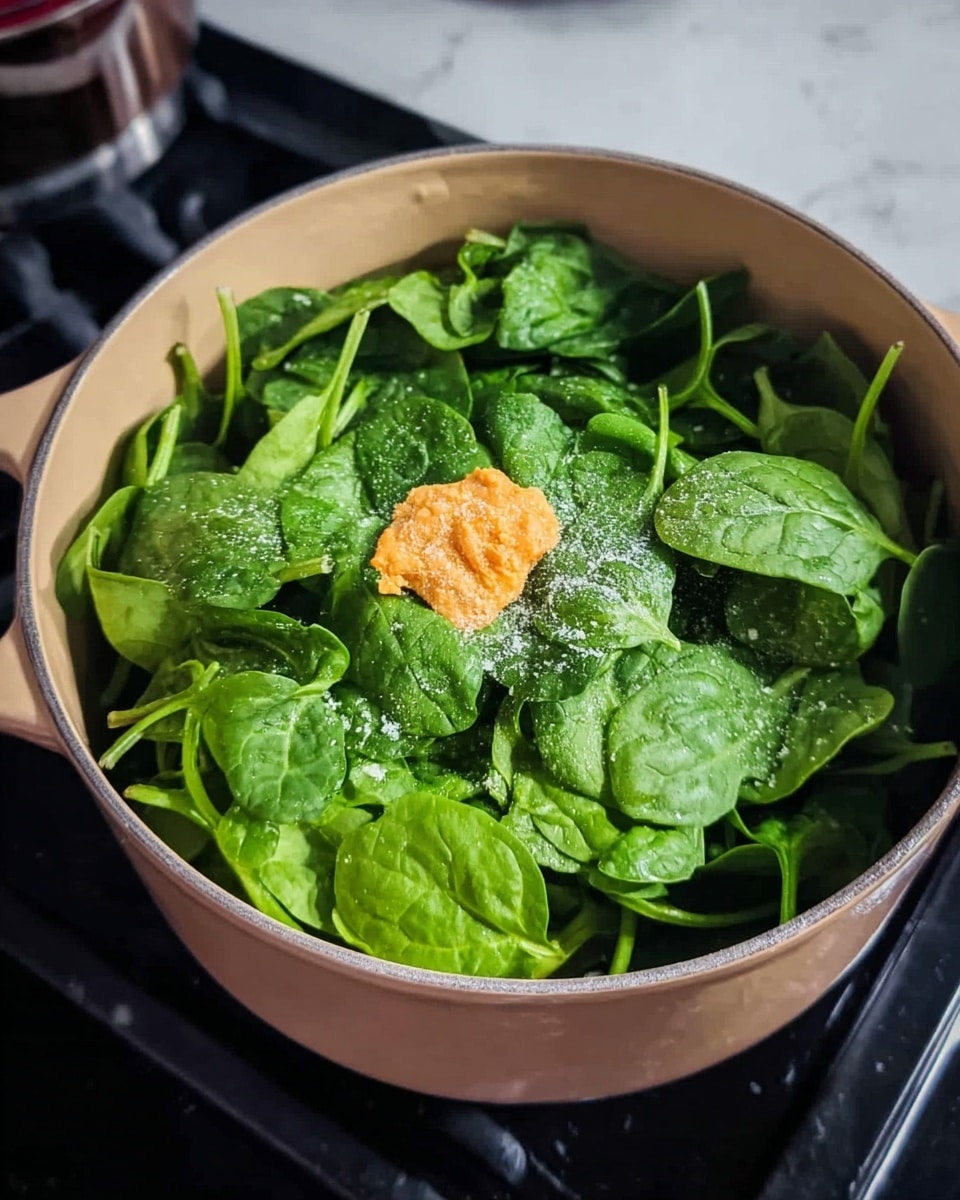 A beige pot filled with fresh green spinach leaves piled up, some with stem ends visible. In the center on top of the spinach, there is a small dollop of orange paste and a light dusting of white powder. The pot is placed on a black stove, with the background changed to a white marbled texture. photo taken with an iphone --ar 4:5 --v 7