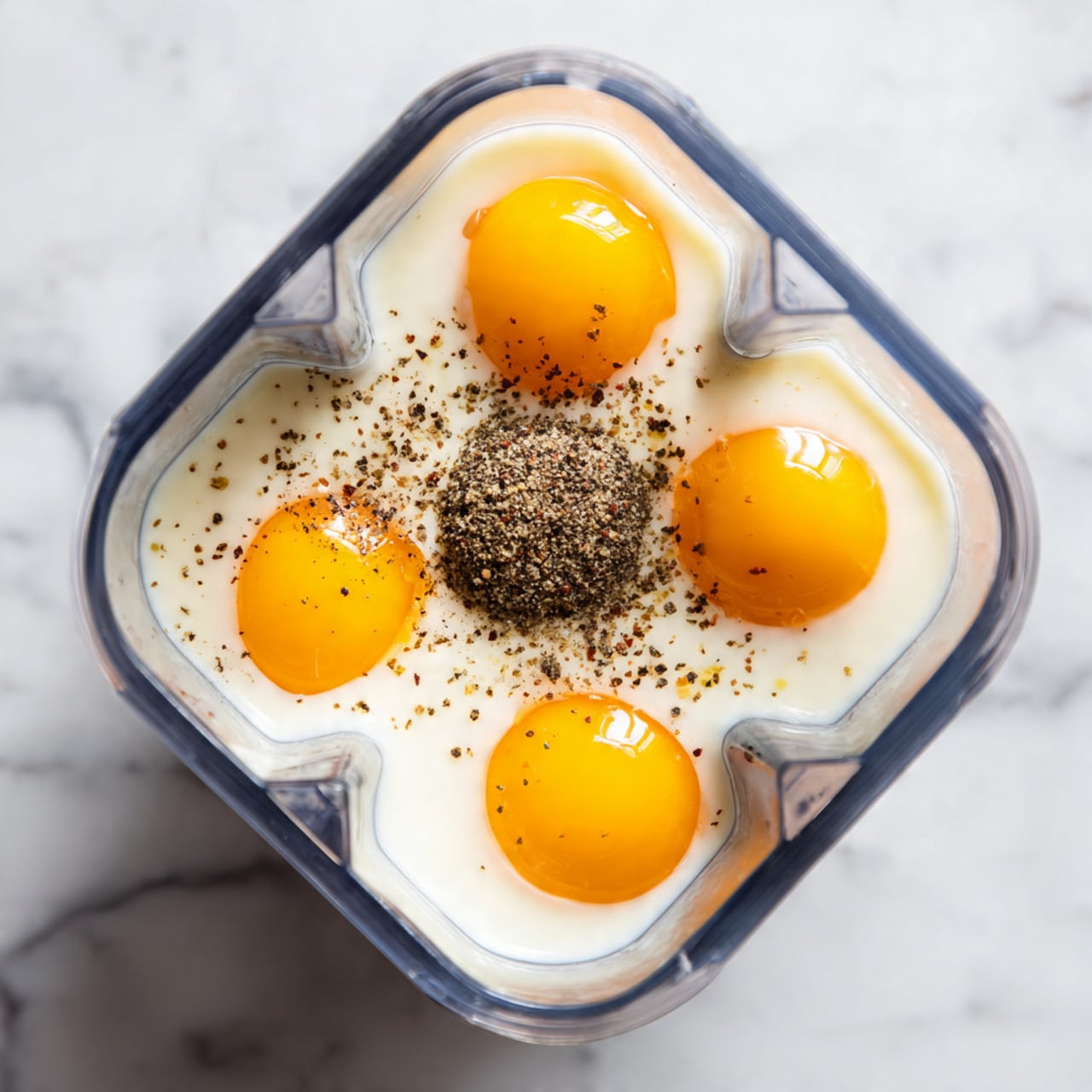 The image shows a clear blender jar viewed from above, placed on a white marbled surface. Inside the blender, there are five egg yolks of bright orange color floating in a layer of white liquid, likely milk. In the center of the mixture, a mound of finely ground black pepper forms a small dark brown patch. The blender's plastic walls and cross-shaped blade are visible around the ingredients. Photo taken with an iphone --ar 4:5 --v 7