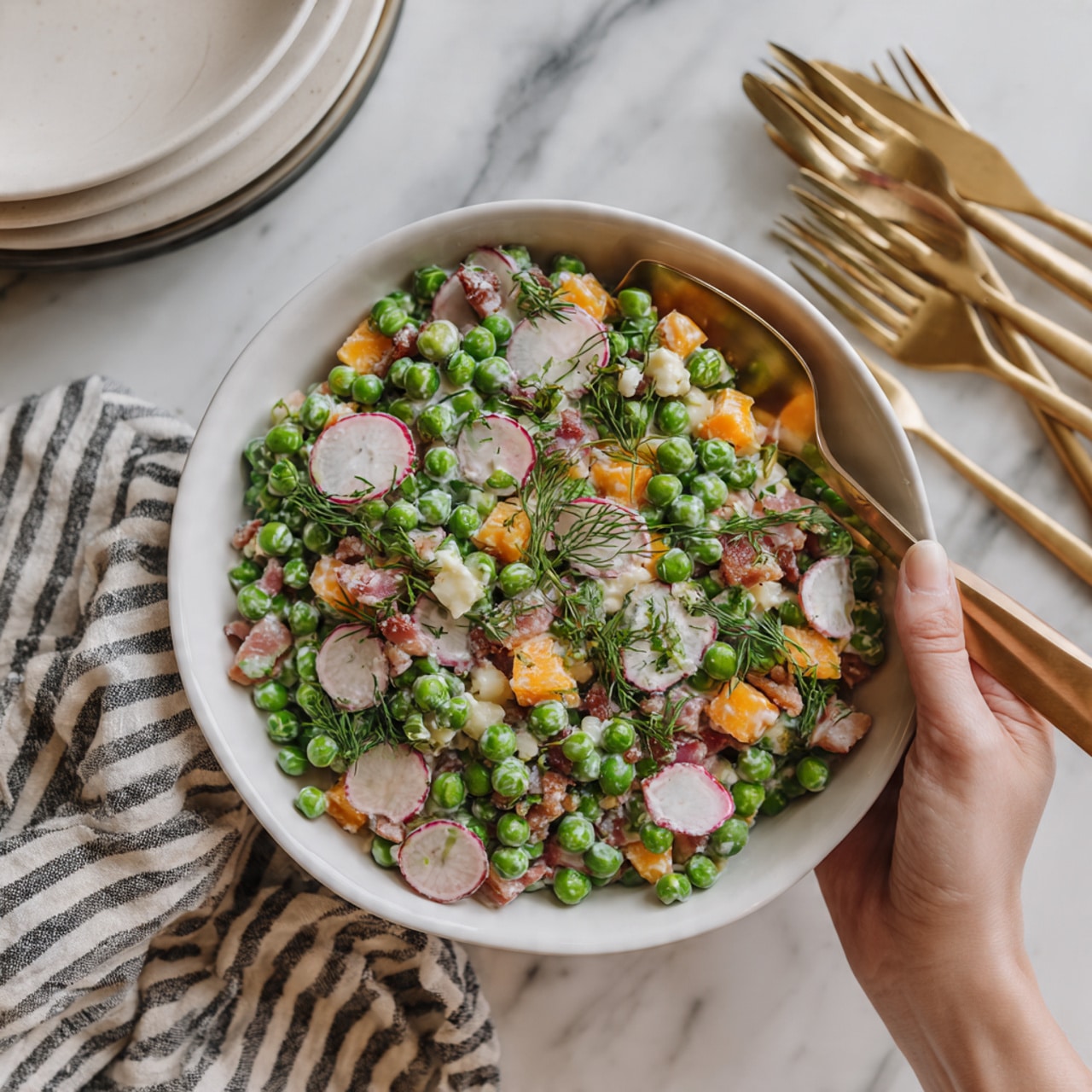 A white bowl filled with a colorful salad consisting of many small green peas, thin slices of white and pink radish, small orange cheese cubes, and bits of browned bacon, all mixed with fresh dill and a creamy dressing that coats the ingredients lightly. The salad has a mix of green, orange, white, and pink colors with some chopped herbs sprinkled on top. The bowl is held by a woman's hand at the bottom right, while another woman's hand holds a gold fork that is lifting some salad from the bowl. The setting shows a white marbled surface with a striped cloth napkin and several gold forks in the background, along with a stack of white plates. Photo taken with an iphone --ar 4:5 --v 7