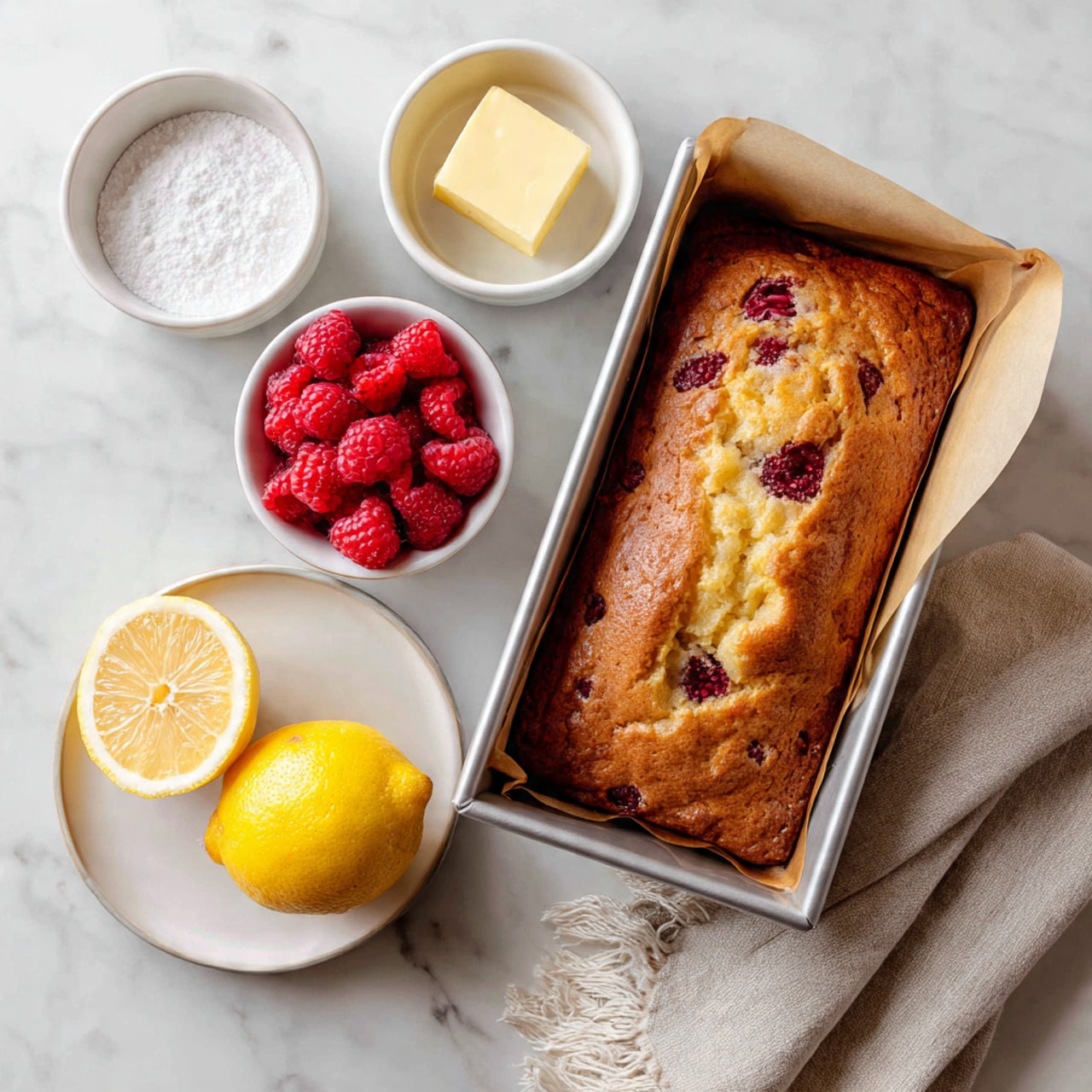A golden-brown loaf cake with visible dark red berry spots is placed inside a silver rectangular baking pan lined with parchment paper, resting on a white marbled surface. To the left of the pan, there are four small white bowls; the top bowl contains white powdered sugar, the middle bowl holds a small square of pale yellow butter, the bottom-left bowl has five bright red raspberries, and the bottom bowl holds a halved lemon with a bright yellow interior. A whole lemon cut in half is placed on a white plate with a subtle textured edge, positioned in the bottom center. A light beige cloth with fringed edges lies to the right of the pan. photo taken with an iphone --ar 4:5 --v 7
