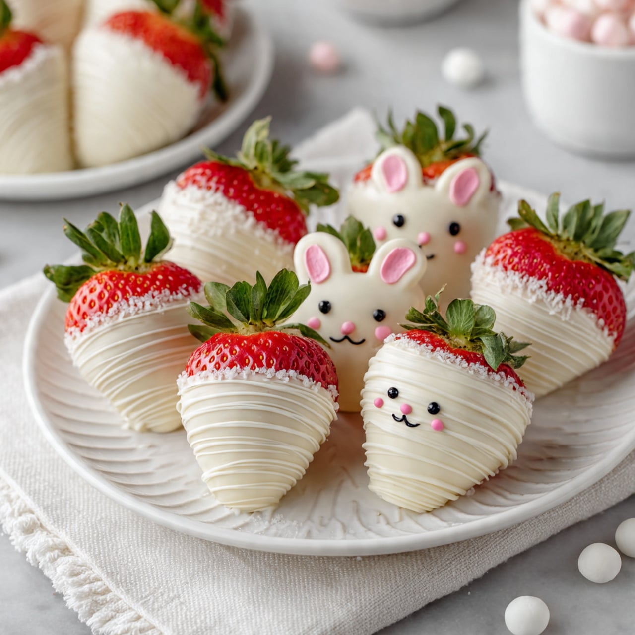 A white plate with a swirl pattern holds seven decorated strawberries. Each strawberry is half dipped in smooth white chocolate at the bottom, showing the bright red top with green leaves. Four of the strawberries have cute bunny faces with pink cheeks and ears drawn on the white chocolate, while the other three strawberries are simply coated in white chocolate with a ridged texture swirl pattern. The plate sits on a soft white cloth with round white sprinkles scattered around. In the background, there is a glimpse of another white plate with more white chocolate-covered strawberries, on a white marbled surface. Photo taken with an iphone --ar 4:5 --v 7