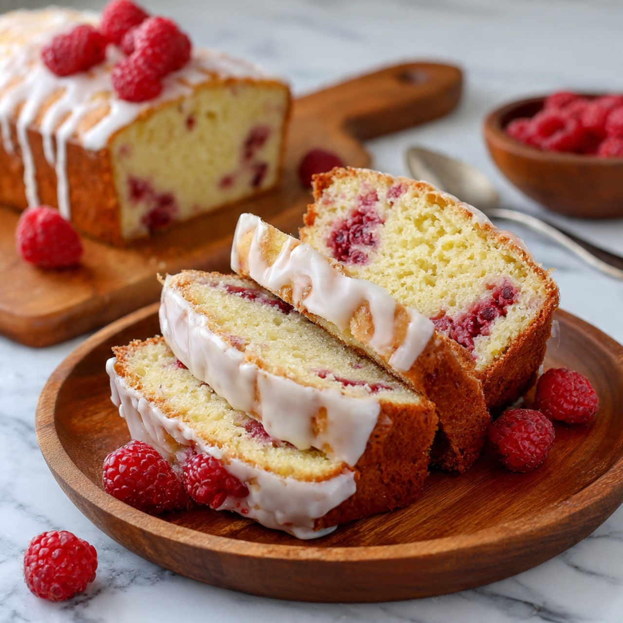 The image shows two thick slices of cake stacked on a round wooden plate. The cake has two visible layers, each light yellow with bits of red berries mixed inside. The sides of the cake are covered in a white glaze that drips slightly down the edges. Fresh red raspberries are placed between the layers and around the cake edges, some partly covered by the glaze. In the background, part of the remaining loaf is on a wooden cutting board, with a spoon nearby. The whole setup is on a white marbled surface. photo taken with an iphone --ar 4:5 --v 7