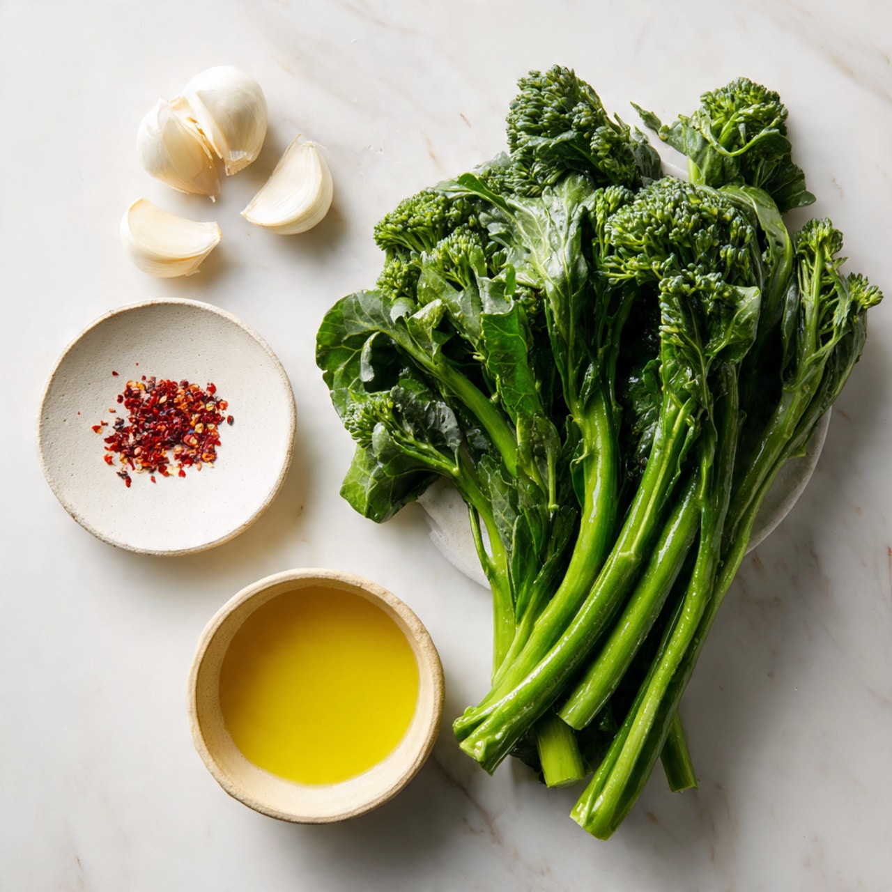 A bunch of fresh green leafy vegetables with thick stems is placed on a white marbled surface, occupying the right side of the image. On the left side, there is a small white plate with red chili flakes, three whole garlic cloves nearby, and a small beige bowl filled with golden olive oil. The scene is simple and bright, highlighting the textures and natural colors of the ingredients. Photo taken with an iphone --ar 4:5 --v 7