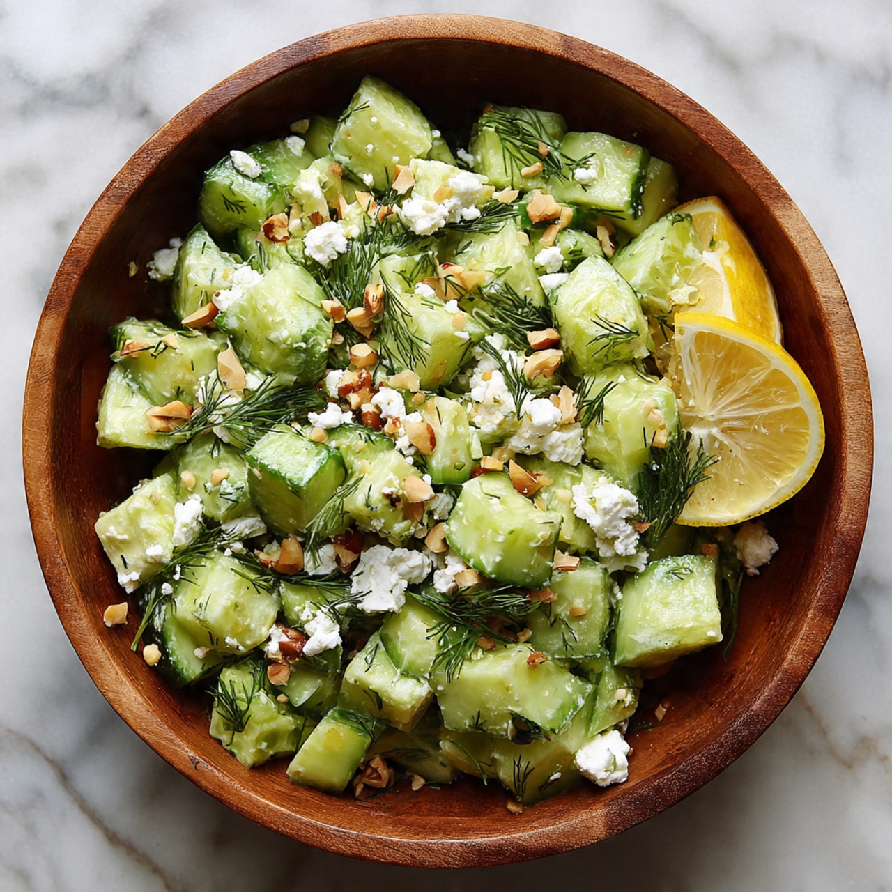 A wooden bowl filled with a fresh green cucumber salad, showing large, uneven chunks of dark and light green cucumber skin mixed with white crumbly cheese pieces spaced throughout. On top, bright green dill sprigs and small chopped nuts are scattered, and there are two lemon wedges placed on the right side of the bowl. The background is a white marbled surface, and the photo has a close-up view with natural light. photo taken with an iphone --ar 4:5 --v 7