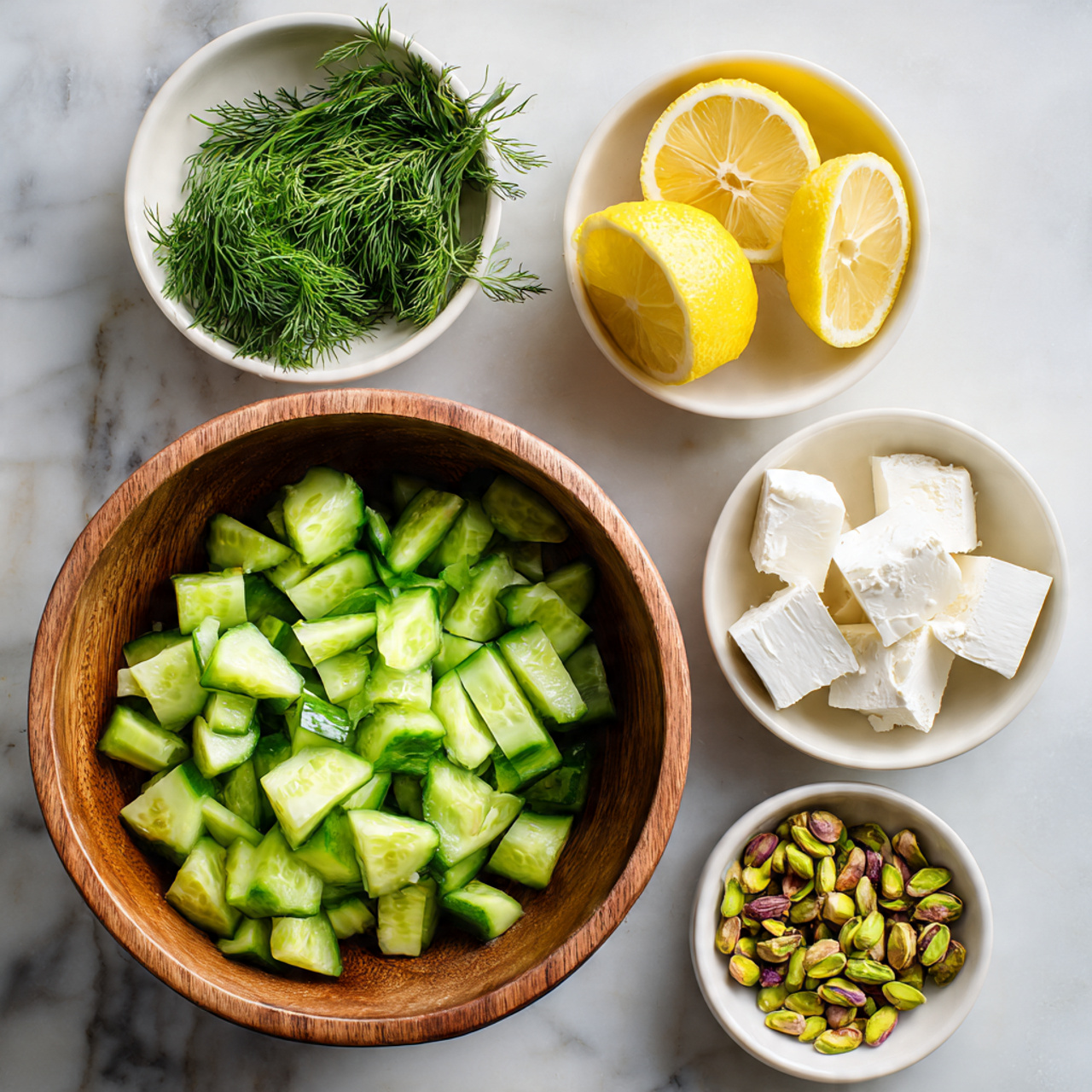 A large wooden bowl filled with uneven pieces of bright green cucumber sits in the lower center of the image. Above it, from left to right, are four smaller white bowls placed on a white marbled surface: the first holds fresh green dill sprigs, the second contains two lemon halves with vibrant yellow color, the third bowl has thick white cheese chunks, and the last small bowl holds a handful of green pistachios. Each bowl is clearly distinct, showing a mix of raw ingredients ready for preparation. Photo taken with an iphone --ar 4:5 --v 7