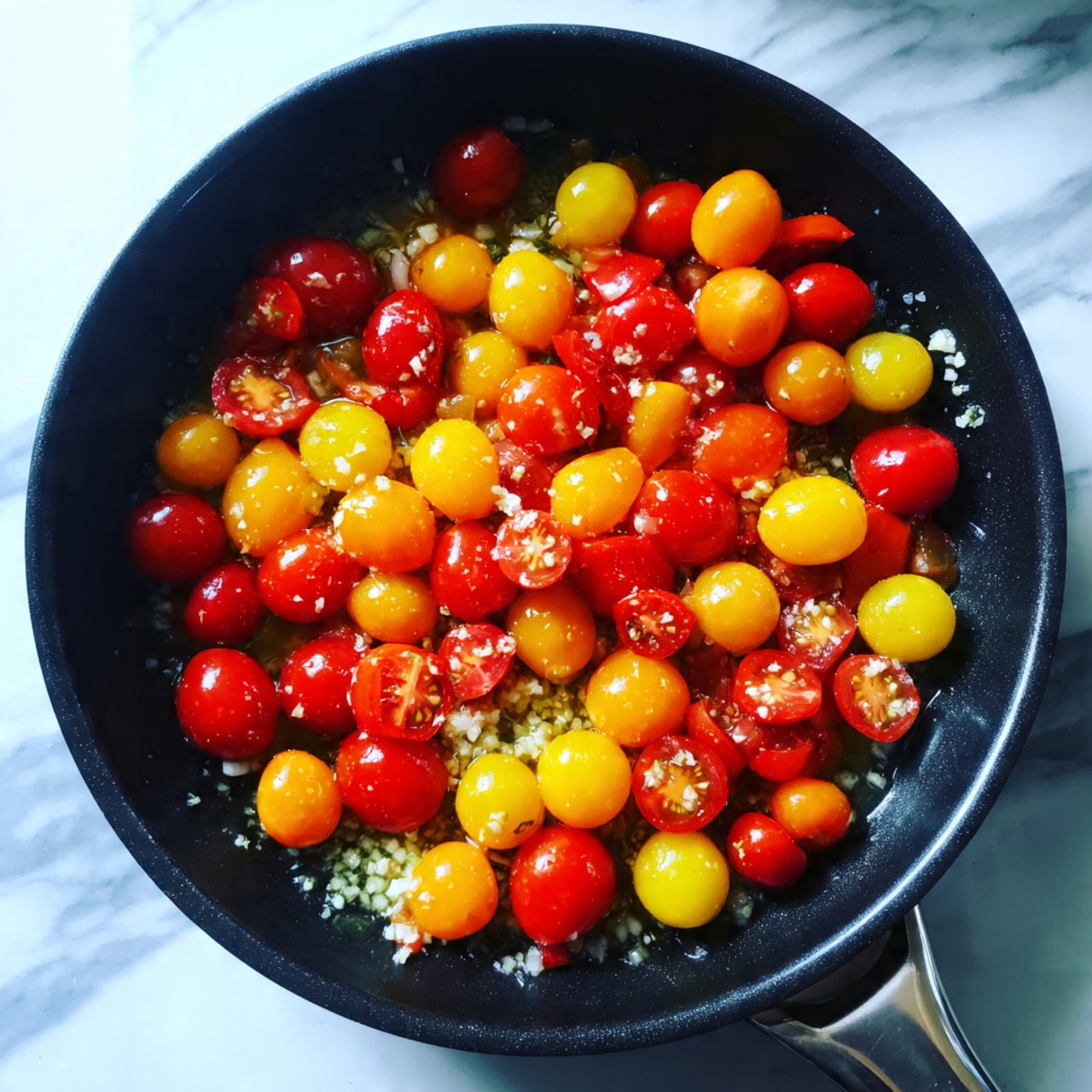 The image shows a black pan filled with a colorful mix of halved cherry tomatoes in red, yellow, and orange colors. At the bottom of the pan, there is a thin layer of finely chopped garlic and small bits of red pepper. The tomatoes sit on top of this layer, spreading evenly across the pan. The pan rests on a white marbled surface, and the lighting highlights the fresh and juicy texture of the tomatoes. photo taken with an iphone --ar 4:5 --v 7