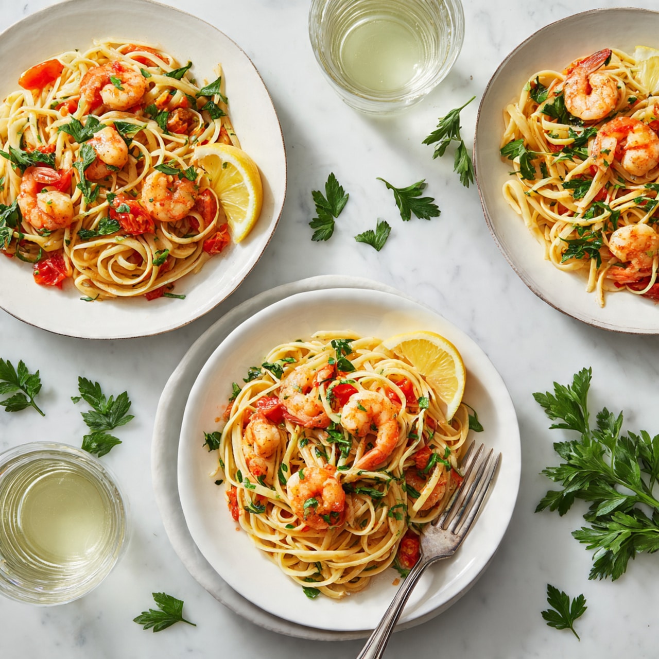 The image shows three white plates on a white marbled surface. Each plate holds a serving of spaghetti mixed with shrimp and orange tomato pieces, garnished with green parsley leaves. Two lemon wedges sit on the edge of the middle plate, which also has a silver fork placed on the right side. Around the plates, there are scattered parsley leaves, and two clear glasses filled with a light yellow drink. The lighting is bright and natural, highlighting the fresh colors of the dish. photo taken with an iphone --ar 4:5 --v 7