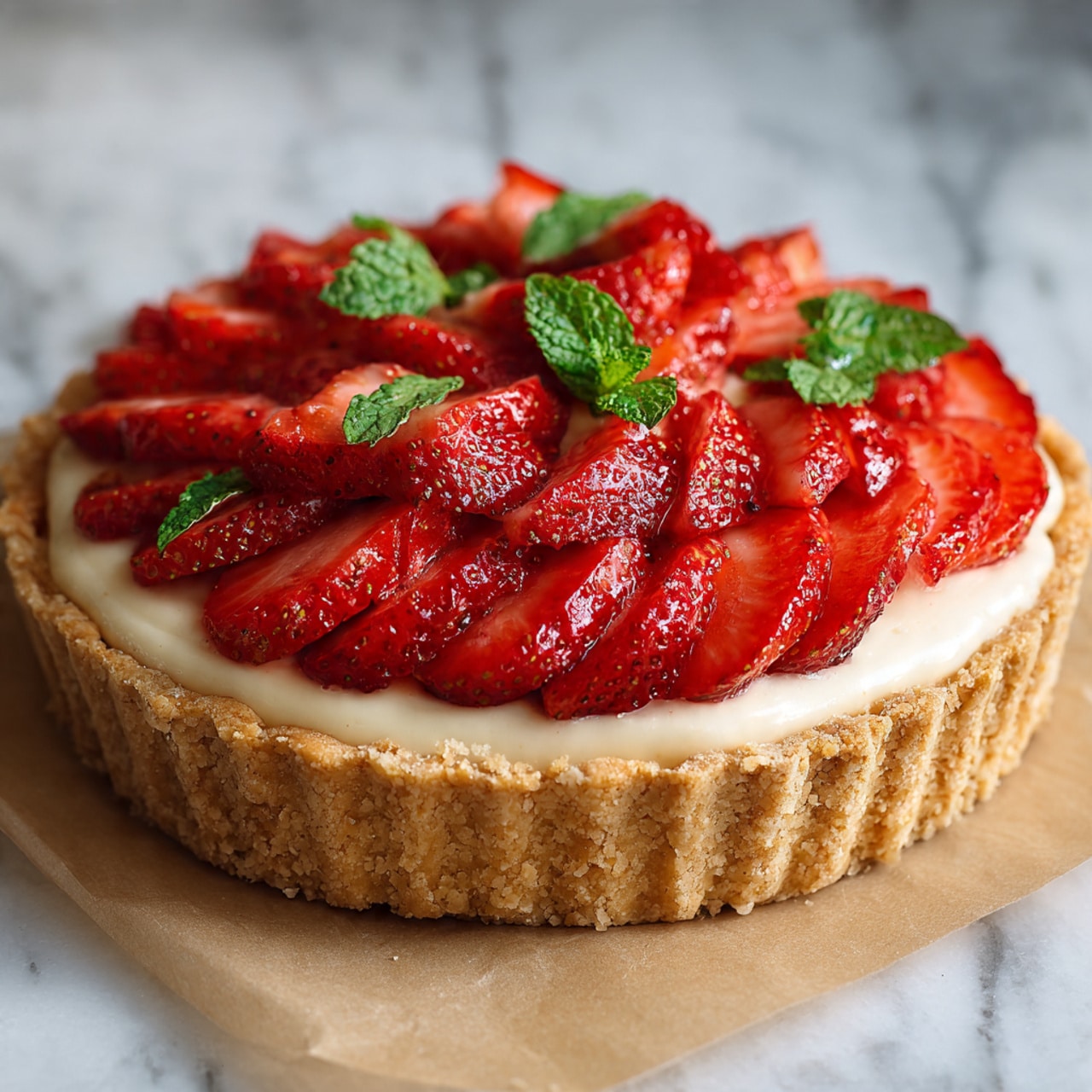 This image shows a tart with three main layers. The bottom layer is a light golden-brown crust with a slightly crumbly texture, holding the tart shape with a fluted edge. Above it is a smooth, pale cream filling that looks soft and creamy. On top, there is a thick layer of fresh, sliced strawberries arranged in a circular pattern, their vibrant red color standing out. Small green mint leaves are placed on top of the strawberries for decoration. The tart sits on a piece of light brown parchment paper against a white marbled surface. The photo taken with an iphone --ar 4:5 --v 7