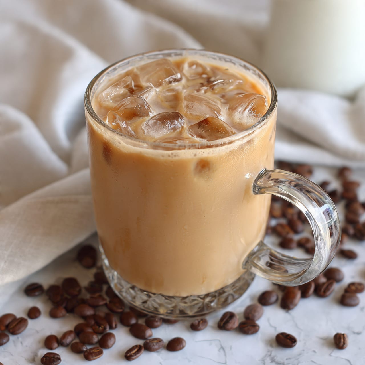 A clear glass mug filled with a light tan iced coffee drink with several ice cubes floating on top. The mug is resting on a soft white fabric surface scattered with whole dark brown coffee beans around it. In the blurred background, there is a white container partially visible. The overall scene has a cozy and fresh feel with the white marbled texture under the fabric. photo taken with an iphone --ar 4:5 --v 7