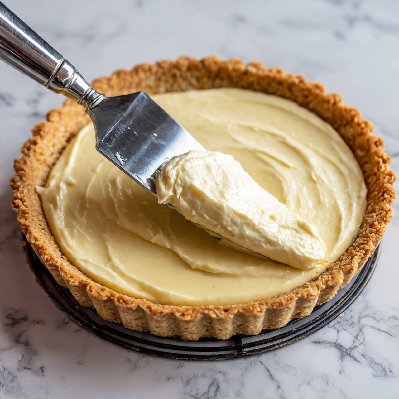 A close-up view of a single-layer tart showing a golden brown crust with a slightly rough texture and small fork holes across the bottom. On top of the crust, there is one thick, creamy pale yellow layer being spread smoothly with a silver metal spatula that has some cream on it. The tart and spatula are resting on a white marbled surface, with part of a black cooling rack visible beneath. Photo taken with an iphone --ar 4:5 --v 7