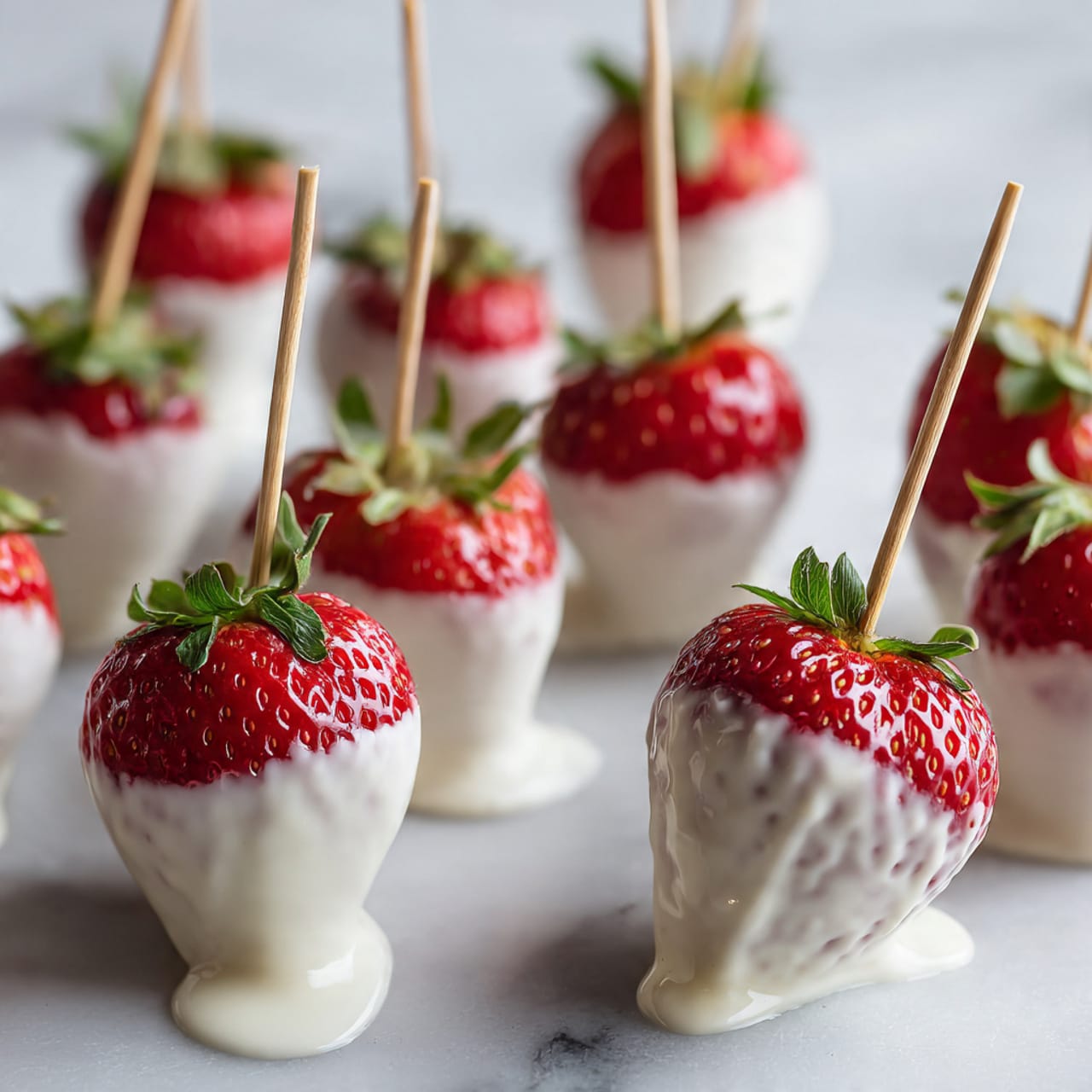 Bright red strawberries with green leaves are placed on a white marbled surface. Each strawberry is pierced at the top by a toothpick. Some strawberries are fully dipped and covered with a thick white coating, while others have a light drizzle of the same white coating being poured from above. The coating is smooth and shiny, creating a thick layer that partly covers the red strawberry underneath. The color contrast between the red strawberries and white coating stands out clearly, with the white marbled surface softly reflecting light. The scene shows a close-up of the strawberries arranged randomly and dripping slightly from the wet white coating photo taken with an iphone --ar 4:5 --v 7