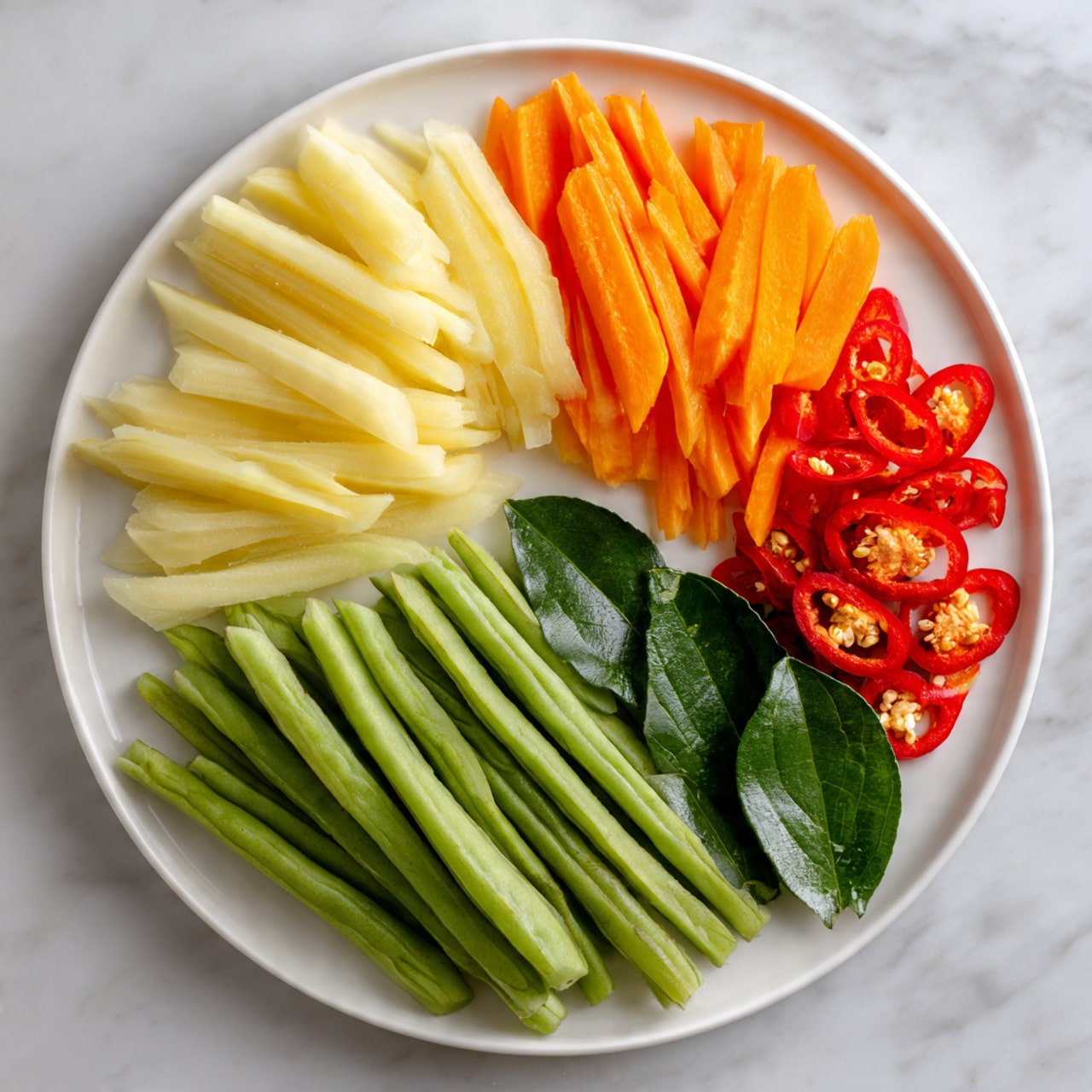 A white round plate holds five groups of sliced vegetables, neatly separated on a white marbled surface. At the top left, pale yellow bamboo shoots are thinly sliced and stacked in a small pile. Below them to the left, bright orange carrot sticks are arranged in a neat cluster. To the top right, light green, long, thin sliced green beans are lined up together. Near the bottom of the plate, a few dark green kaffir lime leaves sit close to the center. Adjacent to the leaves on the right, several bright red chili slices are placed with seeds visible inside. Photo taken with an iphone --ar 4:5 --v 7