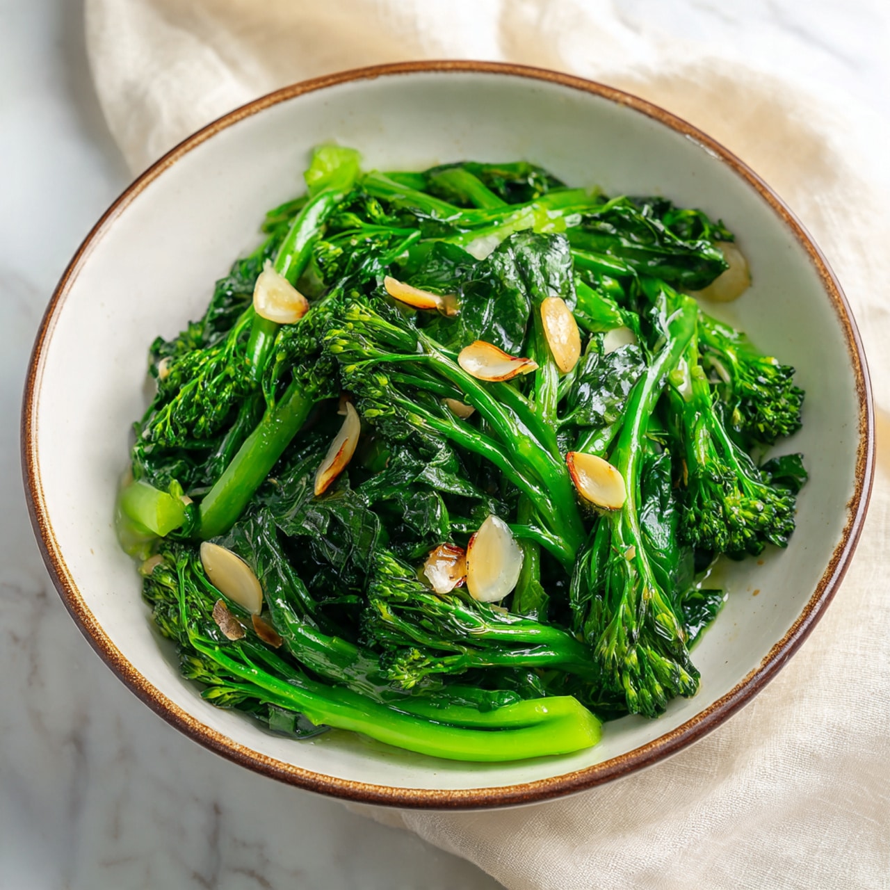 In a white bowl with a thin brown rim, there is a layer of cooked bright green leafy vegetables with tender stems and some small broccoli-like florets mixed in. Scattered on top are thin, light beige slices of cooked garlic, slightly browned. The vegetables have a shiny, slightly wet texture from being cooked, making them look soft and fresh. The bowl is placed on a white marbled surface with a soft cream-colored cloth in the background. photo taken with an iphone --ar 4:5 --v 7