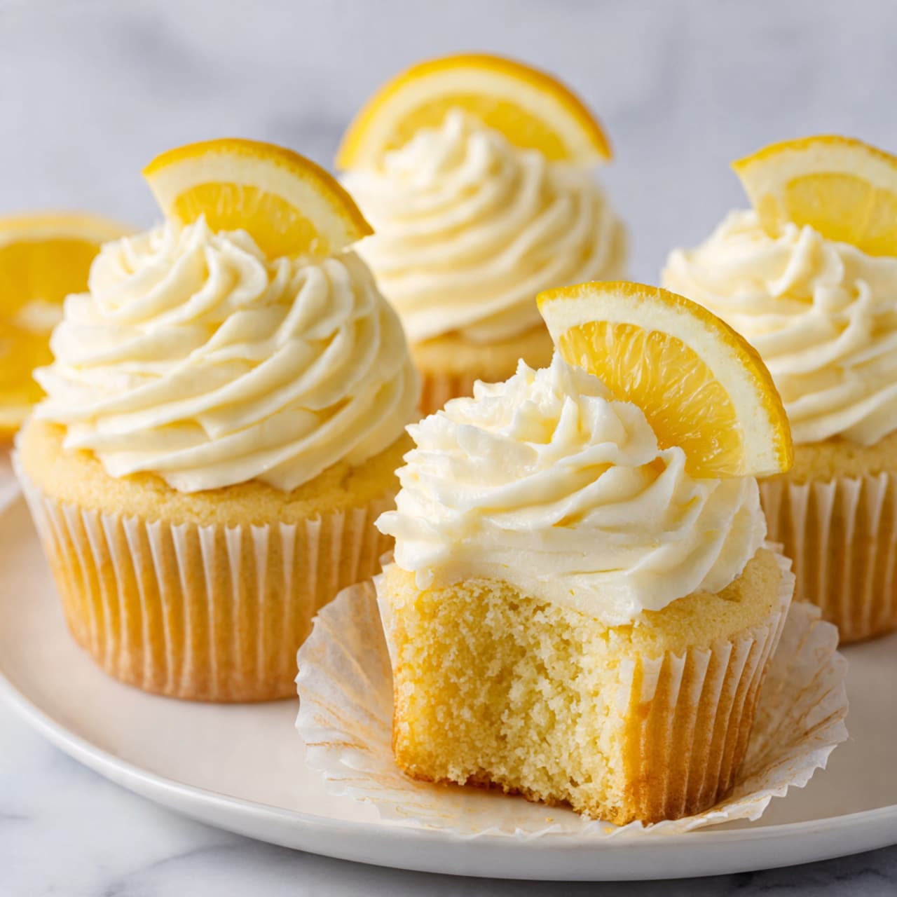 The image shows a close-up of several yellow cupcakes with creamy white swirled frosting on top. Each cupcake has a slice of lemon placed on the side of the frosting. One cupcake in the front has its white paper liner peeled down to reveal a moist, crumbly yellow cake inside. All the cupcakes are placed on a white plate against a white marbled background. photo taken with an iphone --ar 4:5 --v 7