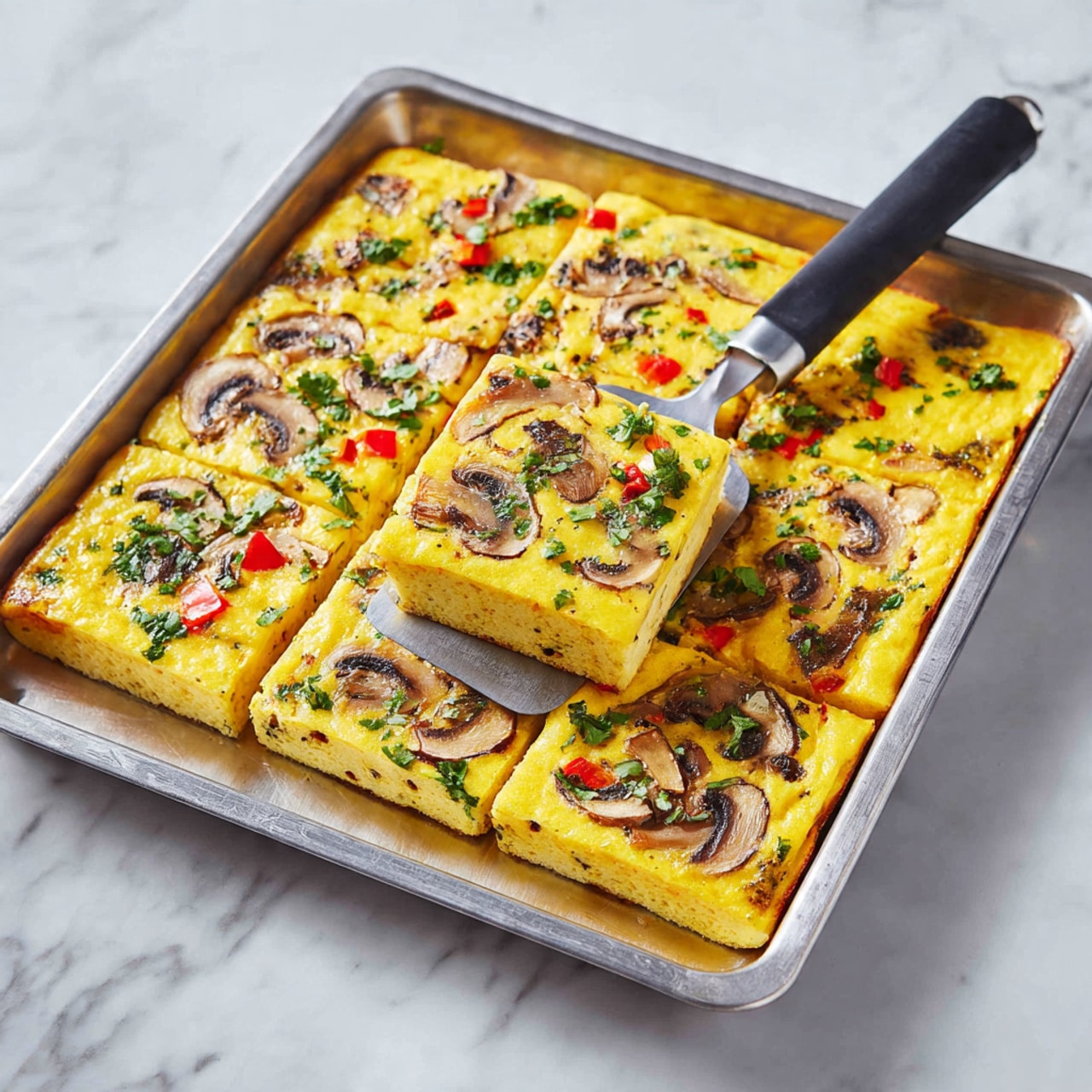 The image shows a rectangular silver baking tray filled with a yellow egg dish. The dish is cut into nine square pieces, with one piece lifted by a black spatula with a silver handle. The top layer of the dish is smooth and bright yellow with some brownish cooked spots, decorated with slices of light brown mushrooms and small pieces of red bell pepper. Fresh green herbs are sprinkled over the top. The tray rests on a white marbled surface. Photo taken with an iphone --ar 4:5 --v 7