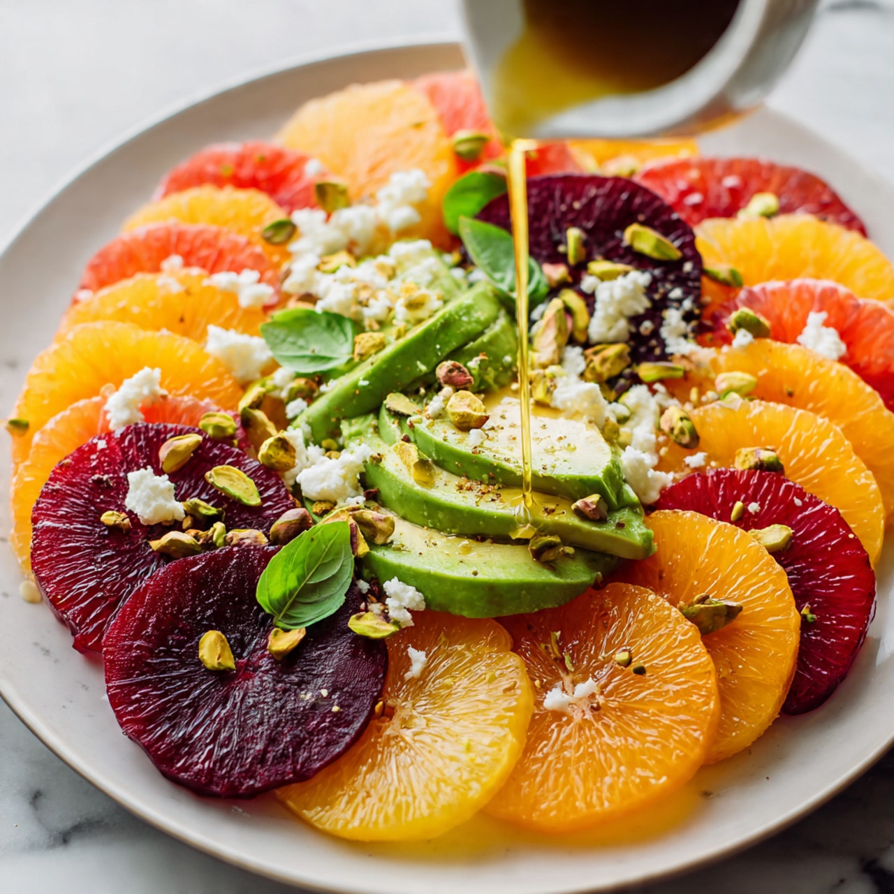A colorful salad arranged on a white plate on a white marbled surface, showing thin round slices of bright orange and deep red citrus fruits layered evenly as the base. On top of the citrus are pale green avocado slices with smooth edges, and deep purple beet slices, adding a rich color contrast. Scattered over the salad are crushed pistachios with a rough texture and small chunks of white cheese, giving a crumbly look. There are also fresh green basil leaves placed on top for a touch of brightness. A golden dressing is being poured over the salad from a woman's hand at the top right corner of the frame, creating a slight shine on the citrus layers. photo taken with an iphone --ar 4:5 --v 7