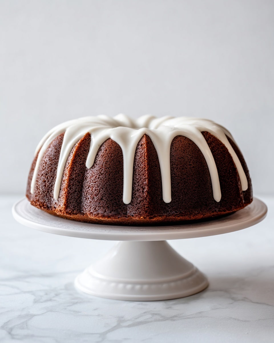 A round bundt cake with a rich brown color stands on a white cake stand with a smooth, round base and a decorative plate top. The cake has thick, white icing drizzled evenly from the top center, flowing down each ridge and slightly pooling at the base, creating a contrast with the dark brown cake. The scene is set on a white marbled surface, and the background is plain white, giving the cake a clean and bright look. photo taken with an iphone --ar 4:5 --v 7