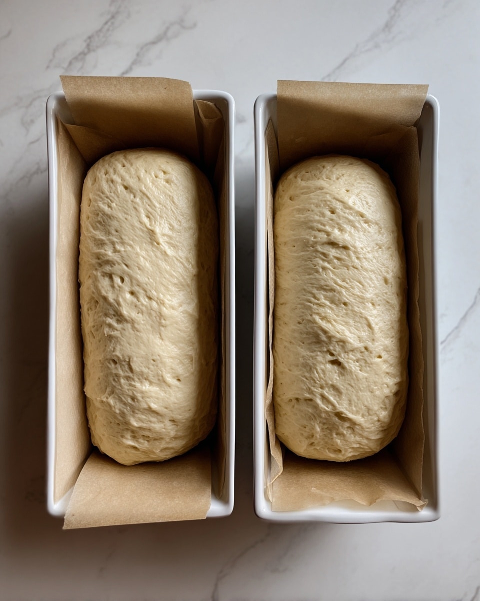 The image shows two long dough loaves placed side by side in white baking pans lined with parchment paper. Each dough loaf is smooth and pale, with slight uneven bumps on the surface. The pans sit on a white marbled textured surface. The focus is on the raw dough, capturing its soft and slightly stretched appearance before baking. photo taken with an iphone --ar 4:5 --v 7
