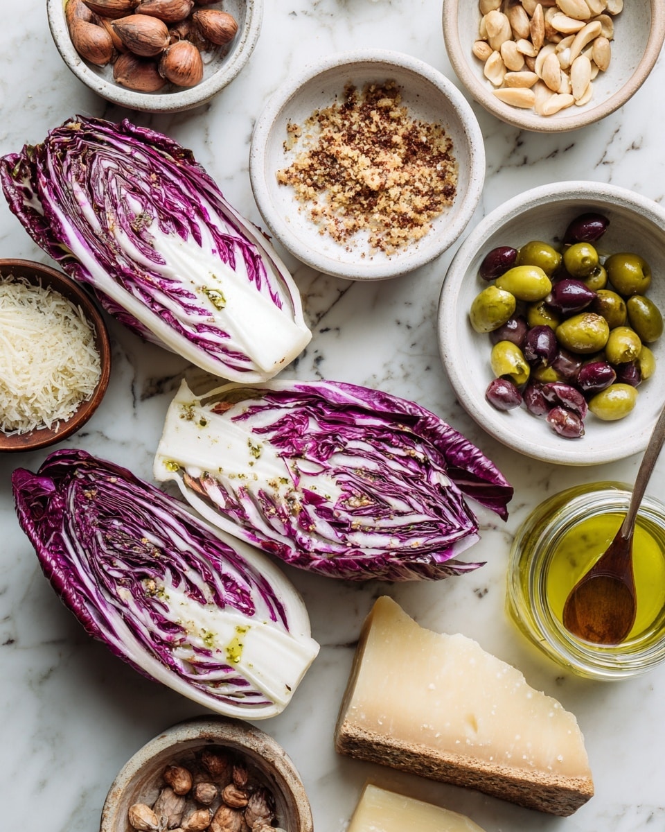 The image shows two small heads of radicchio with purple and white leaves in the center, surrounded by five white bowls placed on a white marbled surface. The bowls hold different ingredients: one bowl has brown toasted breadcrumbs, another has sliced green olives, one contains whole peanuts, there is a jar with a green, oily sauce and a small wooden spoon, and a piece of cheese with a brown rind rests directly on the surface near the bowls. The colors include purple, green, brown, white, and yellow tones. photo taken with an iphone --ar 4:5 --v 7