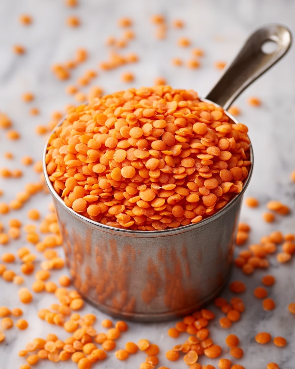 A metal measuring cup filled to the top with small, flat, orange lentils is centered in the image. Some lentils have spilled out and are scattered around the cup on a dark surface. The lentils have a smooth texture and a bright orange color, contrasting with the metal's shiny, reflective surface. The background and surface are changed to a white marbled texture. photo taken with an iphone --ar 4:5 --v 7