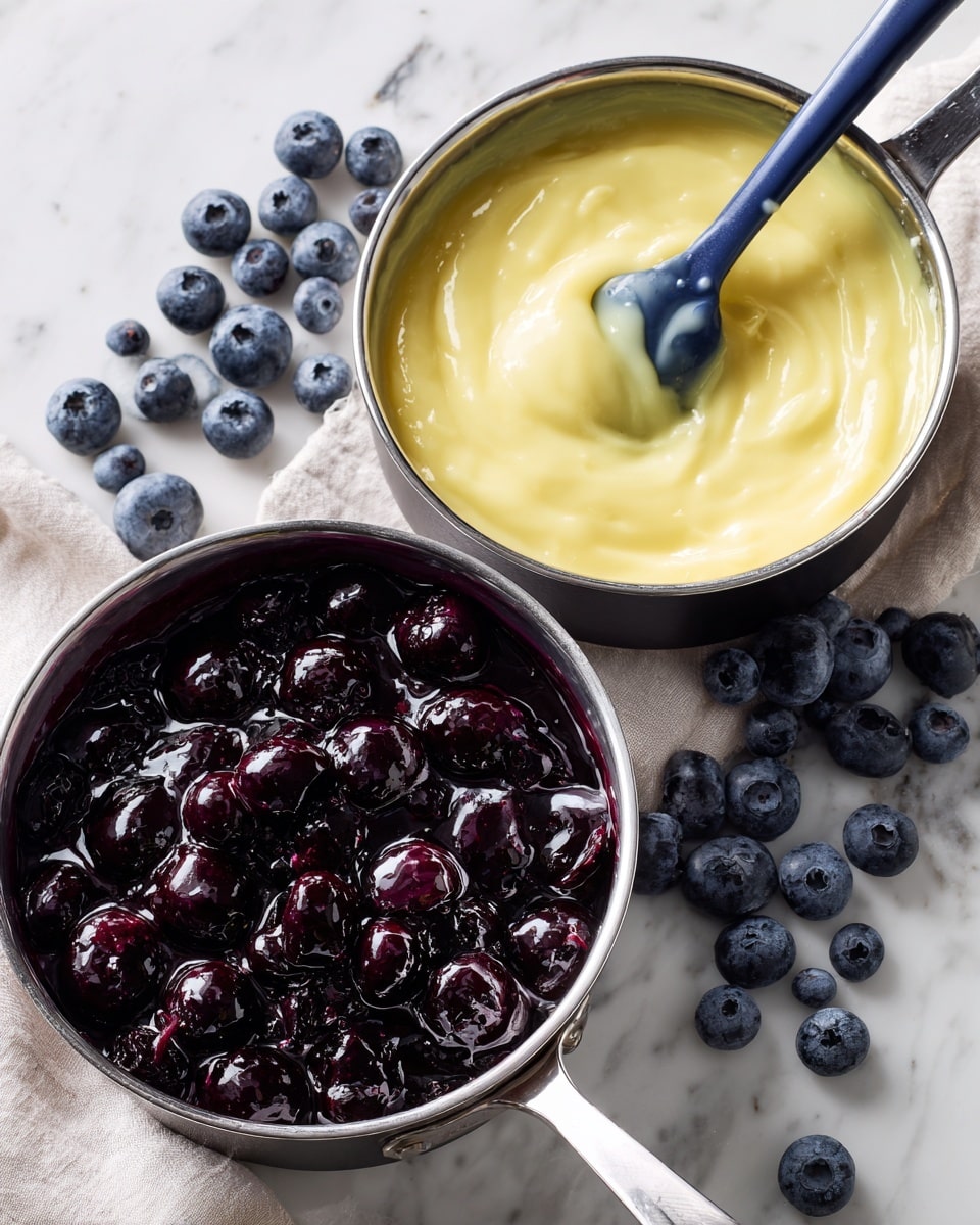 Two gray cooking pots sit on a white marbled surface scattered with fresh blueberries. The pot in the front holds cooked blueberries in a glossy, dark purple sauce, showing a rich and thick texture with whole berries visible. Behind it, the second pot contains a smooth, creamy yellow mixture that looks soft and thick, with a blue spatula resting inside. Photo taken with an iphone --ar 4:5 --v 7