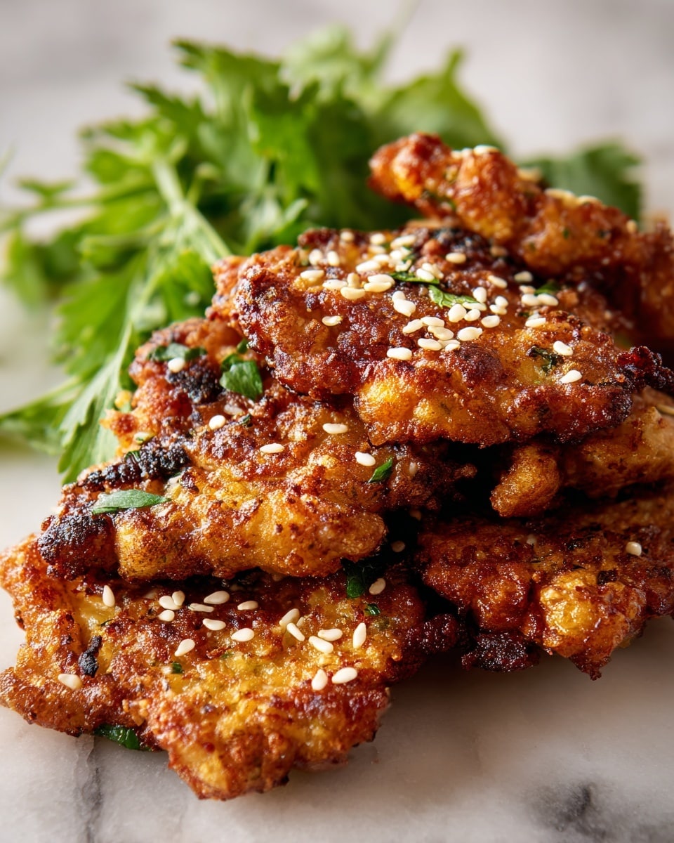 The image shows several golden-brown fried pieces stacked closely together on a white marbled surface. The fried pieces have a rough, crispy texture with some dark brown spots and are topped with white sesame seeds scattered unevenly across their surfaces. To the upper left side, there is a bunch of fresh green herbs, possibly parsley or cilantro, adding a vibrant contrast to the warm tones of the fried food. Photo taken with an iphone --ar 4:5 --v 7