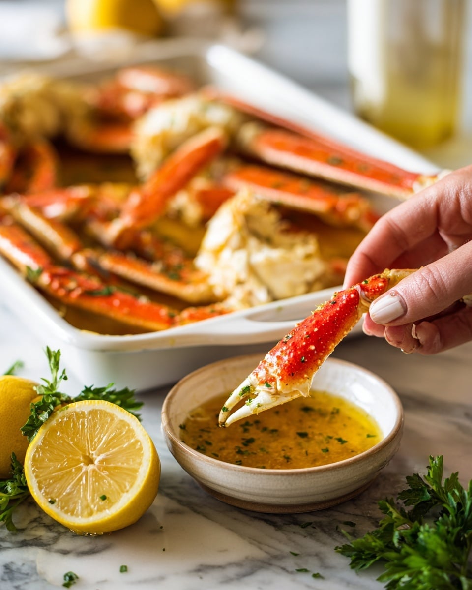 A close-up of two woman's hands holding a small round bowl filled with golden brown garlic butter sauce, dipping a bright red crab leg into it. In the background, a white baking pan shows a crab dish with several crab legs, some lemon wedges, and pieces of cooked crab meat on a layer of melted butter and herbs. A bunch of fresh green parsley and a halved lemon rest on the white marbled surface beside the pan. The image has a natural, warm light giving the food a fresh and tasty look photo taken with an iphone --ar 4:5 --v 7