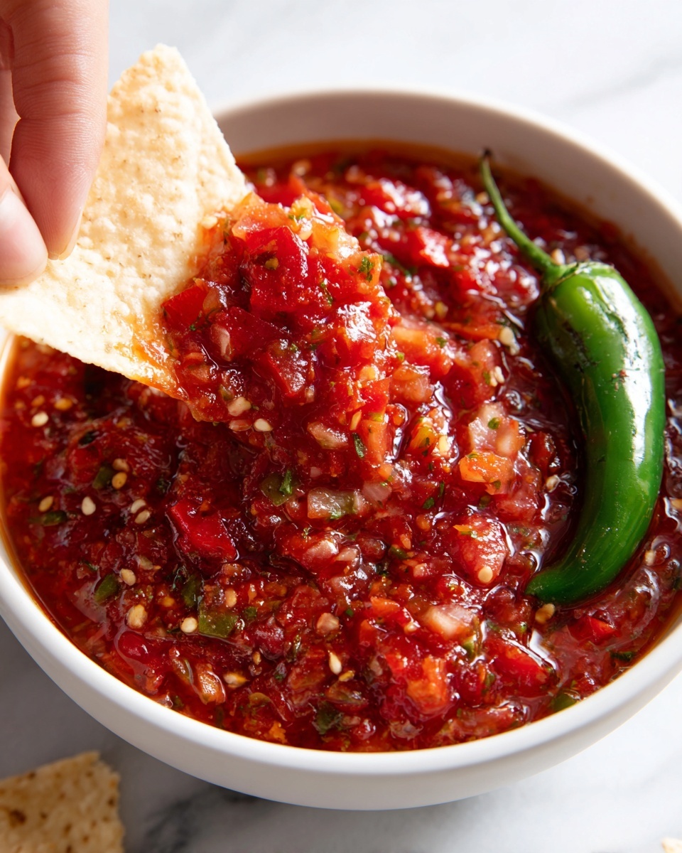 A close-up of a white bowl filled with chunky red salsa showing pieces of tomato, onion, and seeds in a thick, textured sauce that looks slightly wet and shiny. In the salsa, there is a large green roasted chili pepper lying near the edge on the right side. A woman's hand is dipping a folded light beige tortilla chip into the salsa, lifting a scoop covered in the bright red sauce with visible bits of tomatoes and onions. The background is a white marbled texture. photo taken with an iphone --ar 4:5 --v 7
