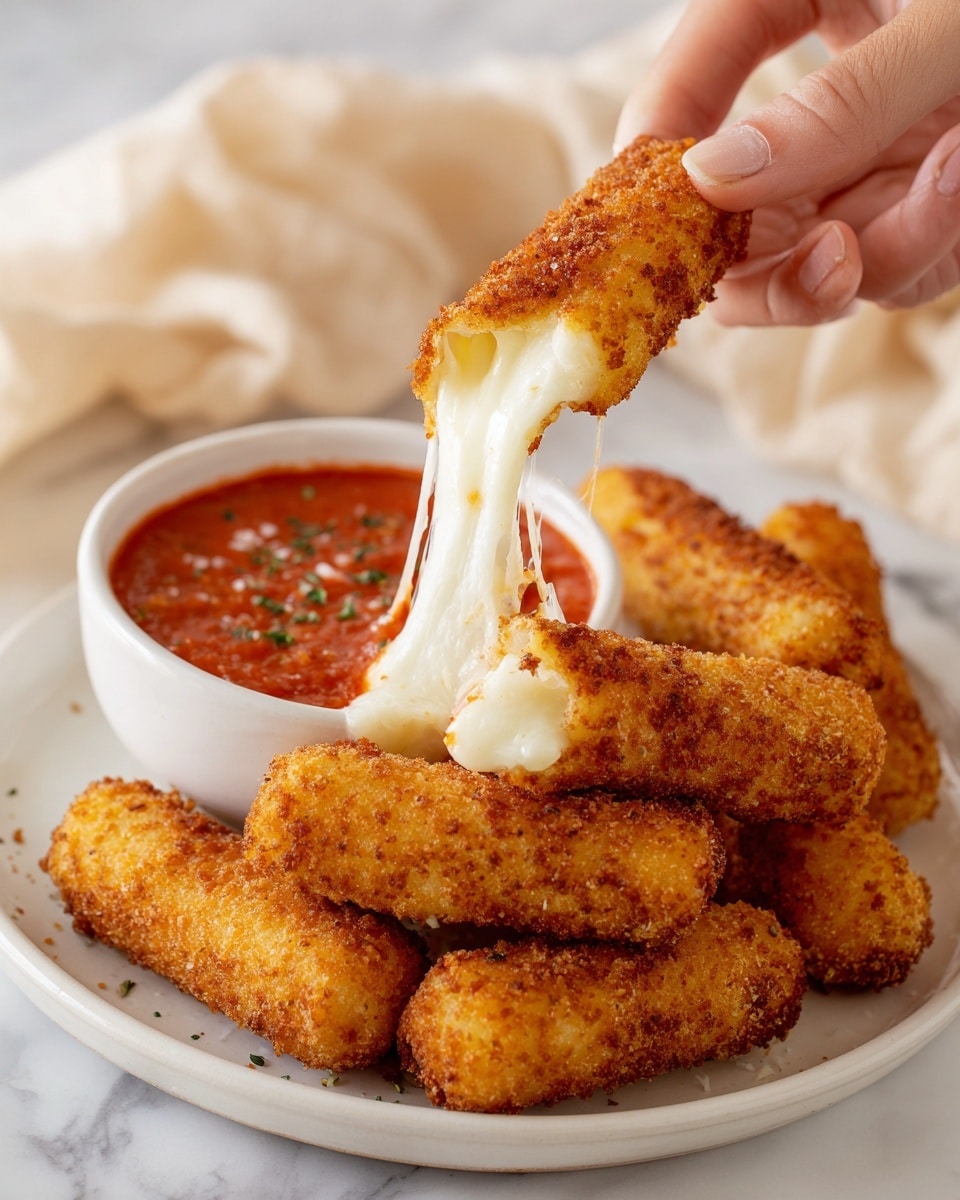 A close-up of a golden brown, crispy mozzarella stick being pulled apart by two woman's hands, revealing a string of melted white cheese inside. Below, on a white plate, there are several more crispy mozzarella sticks with a bowl of thick, red marinara sauce next to them. The scene is set on a white marbled surface with a soft beige cloth in the background. photo taken with an iphone --ar 4:5 --v 7