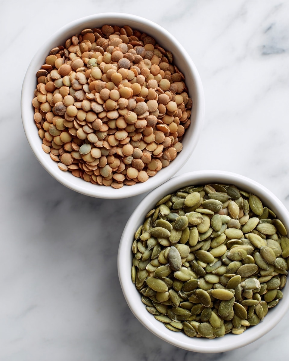 Two white bowls are placed on a white marbled surface. The top bowl is full of dry lentils, with a smooth, rounded layer of brown and light green lentils evenly spread to the bowl's edge. The lower part of the image shows a partial view of a second white bowl filled with green pumpkin seeds, also arranged smoothly in a single layer. The colors of the lentils and seeds stand out against the clean white bowls and the marbled surface below. photo taken with an iphone --ar 4:5 --v 7
