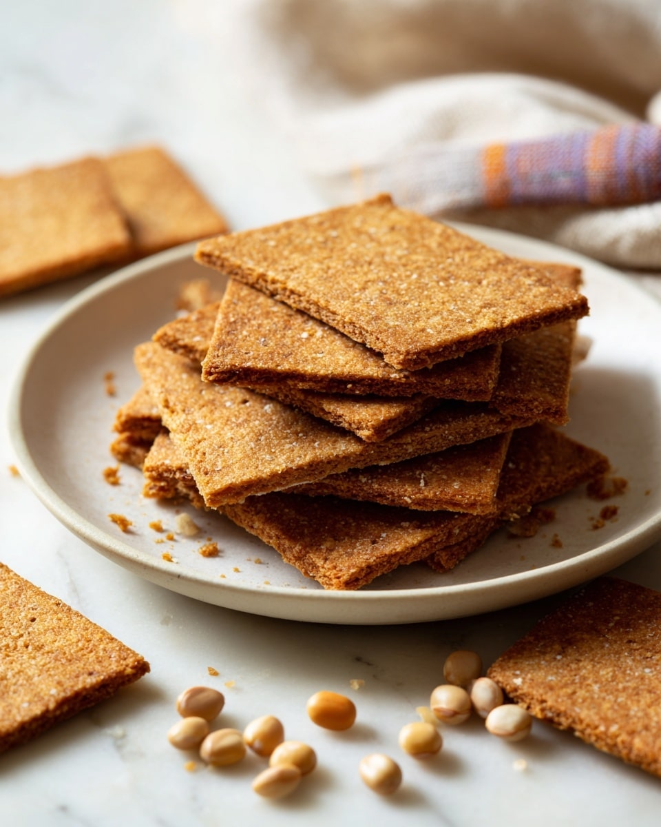 A white plate holds about two layers of rectangular, light brown crackers with a slightly coarse texture. The crackers are stacked unevenly, with some overlapping and laying flat, showcasing their rough surfaces and straight edges. Around the plate on the white marbled surface, scattered small pale yellow soybeans add detail to the scene. A colorful cloth is partially visible in the upper right corner. The photo taken with an iphone --ar 4:5 --v 7