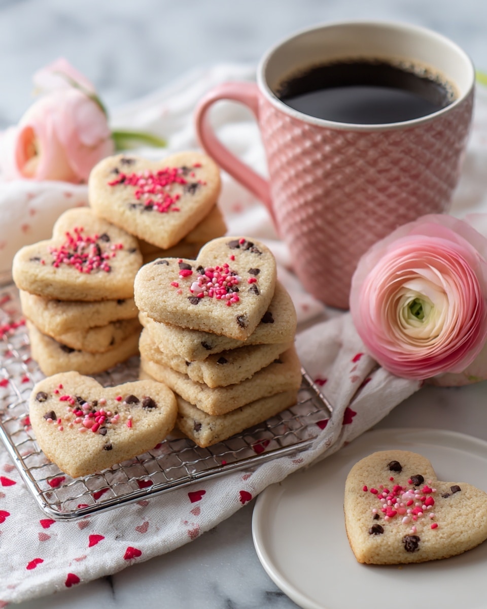A group of heart-shaped cookies with small dark chocolate chips and tiny red heart sprinkles shows different shades of light brown texture. Ten cookies are stacked on a silver cooling rack covered with a white cloth decorated with small red hearts. Two cookies sit on a plain white round plate on the right side. Behind the rack, there is a patterned pink ceramic mug filled with dark coffee. A pale pink ranunculus flower with a green stem lies near the mug. The whole setting rests on a white marbled surface. photo taken with an iphone --ar 4:5 --v 7