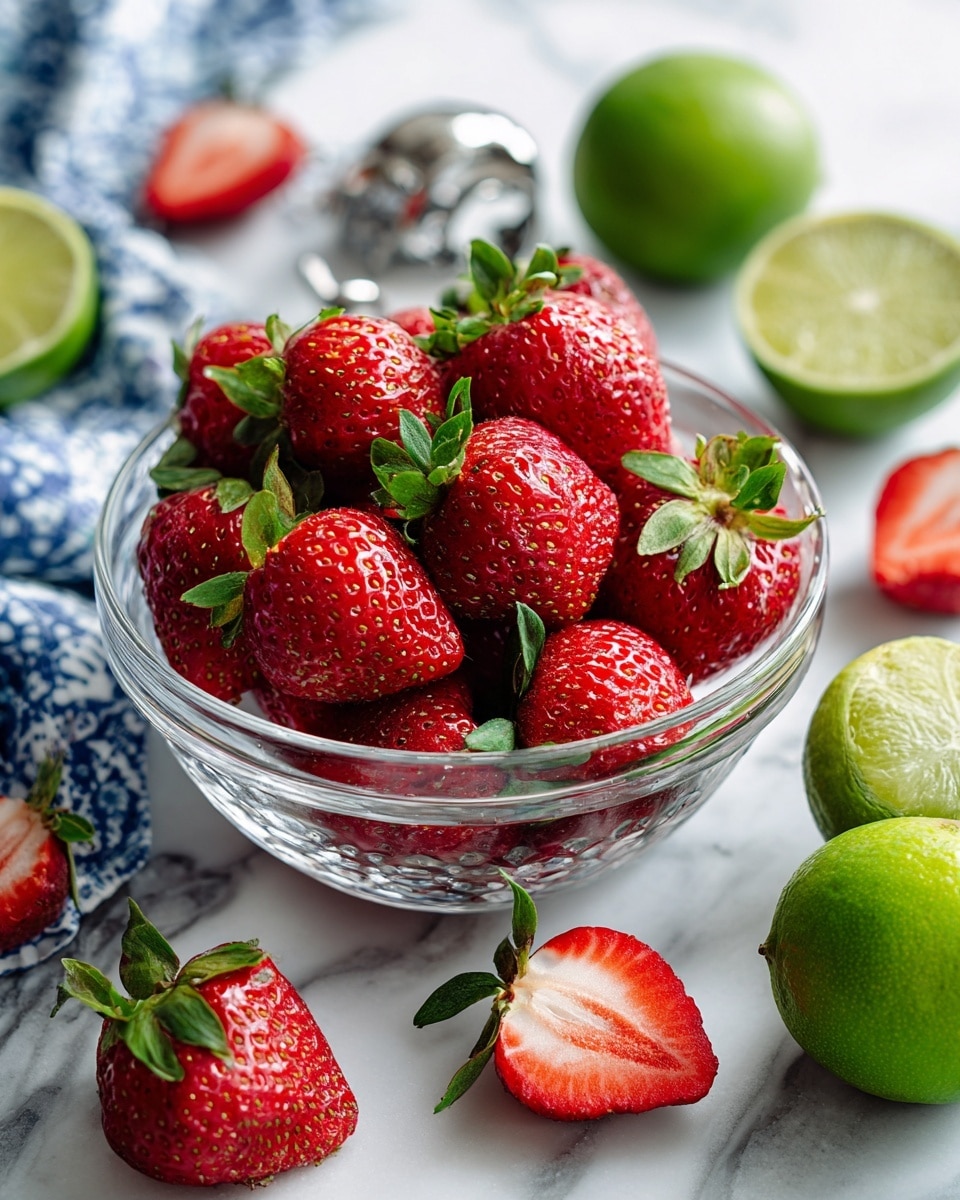 A glass bowl filled with fresh, red strawberries with green leaves, placed on a white marbled surface. Around the bowl, there are several whole strawberries and some strawberry halves showing their bright red inside. Two whole bright green limes and one lime cut in half, showing a pale green center, are also scattered on the surface. A silver fruit slicer is lying near one of the strawberries. In the corner, a folded blue and white patterned cloth adds color to the scene. The photo taken with an iphone --ar 4:5 --v 7