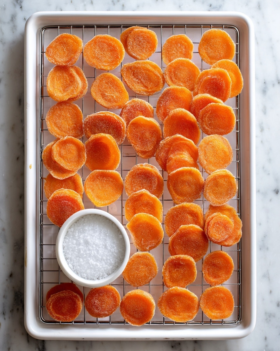 The image shows thin, round, orange slices laid out in one even layer on a metal wire rack inside a white tray. The slices are evenly spaced, showing their smooth texture and slight translucency. The white tray has clean edges, and the metal rack has square grid patterns under the slices. In the center of the rack, there is a small white round container. The background surface is a white marbled texture. photo taken with an iphone --ar 4:5 --v 7