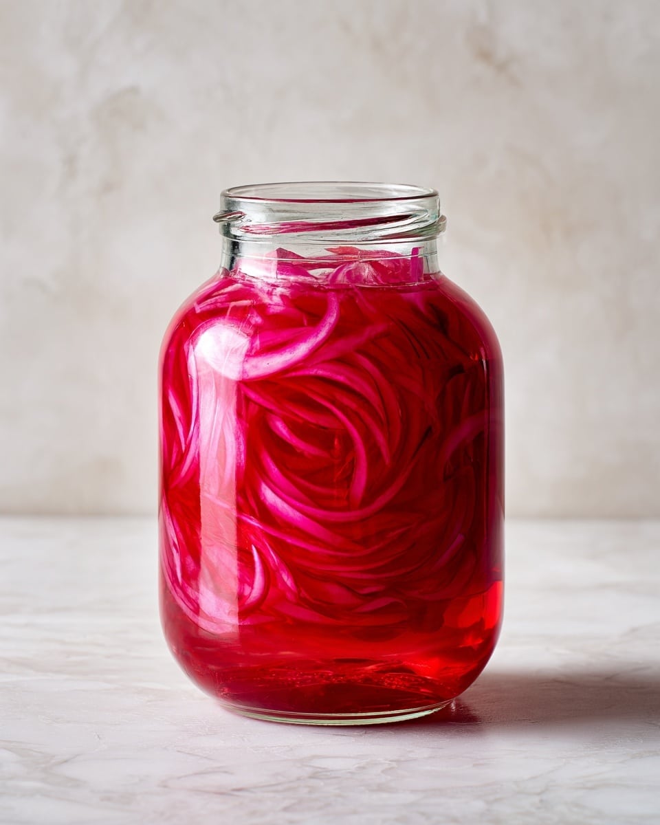 A clear glass jar filled halfway with bright red pickled onions, thinly sliced and layered in a swirling pattern inside the jar, with the translucent red liquid rising up to the neck of the jar. The jar sits on a white marbled surface with a soft white tiled background, giving a clean and fresh look. The glass jar is simple and round with a rim at the top clearly visible. Photo taken with an iphone --ar 4:5 --v 7