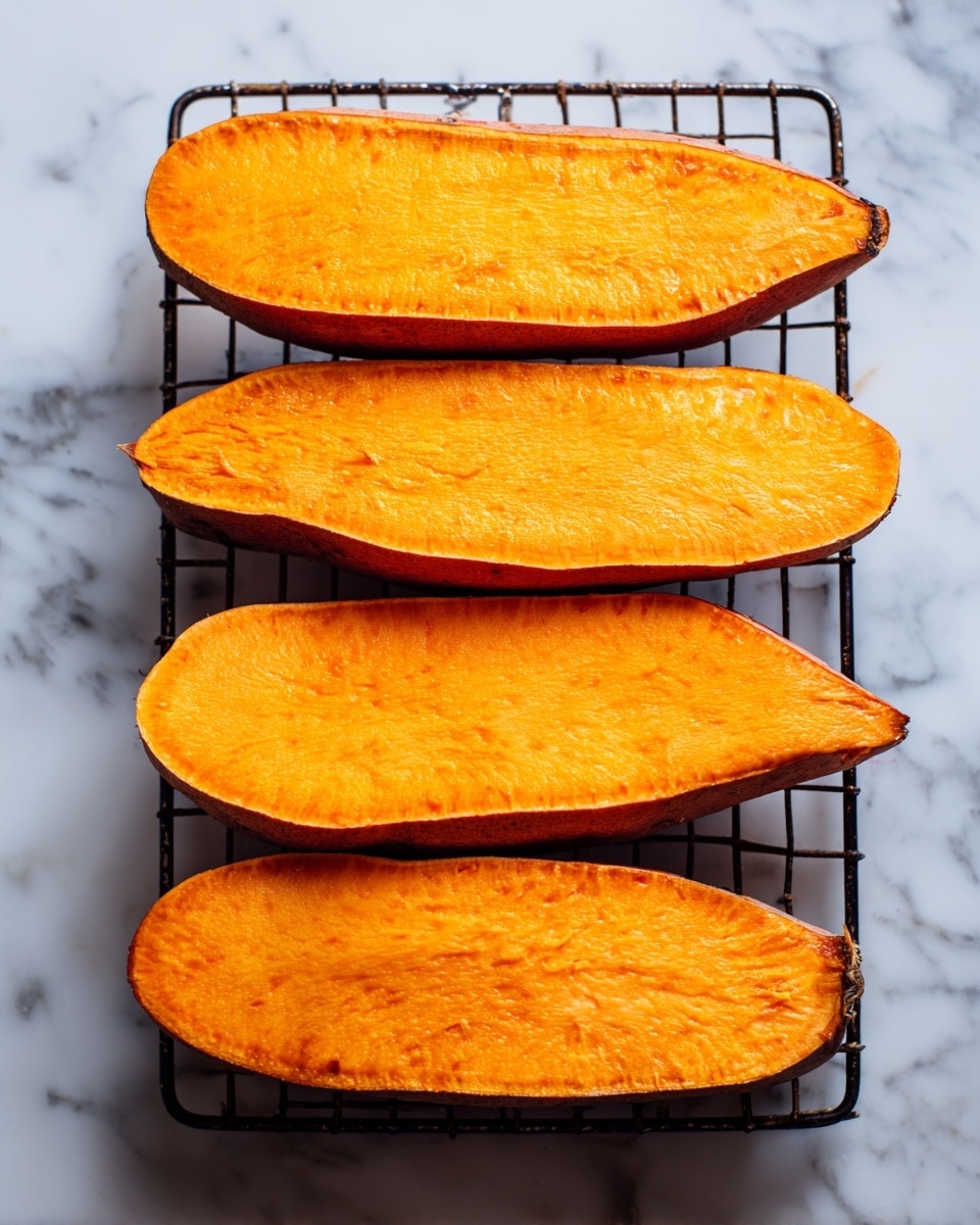 Four long thick slices of bright orange sweet potato lay flat on a black wire rack over a white marbled surface. Each slice shows a smooth, slightly textured surface with a thin edge of darker potato skin. The slices are arranged in two rows, with two slices in each row, evenly spaced. Photo taken with an iphone --ar 4:5 --v 7