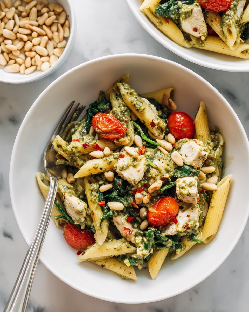The image shows a white bowl filled with a pasta dish consisting of three layers. The bottom layer is light yellow penne pasta mixed with bright green spinach and small red cherry tomato pieces. The middle layer has chunks of white cooked chicken coated in a green pesto sauce. The top layer is sprinkled with small, round, pale beige pine nuts and a few red chili flakes. There is a silver fork resting inside the bowl, positioned at the bottom left. Another white bowl filled with pine nuts and part of a larger white bowl with the same pasta dish appear in the background on a white marbled surface. Photo taken with an iphone --ar 4:5 --v 7