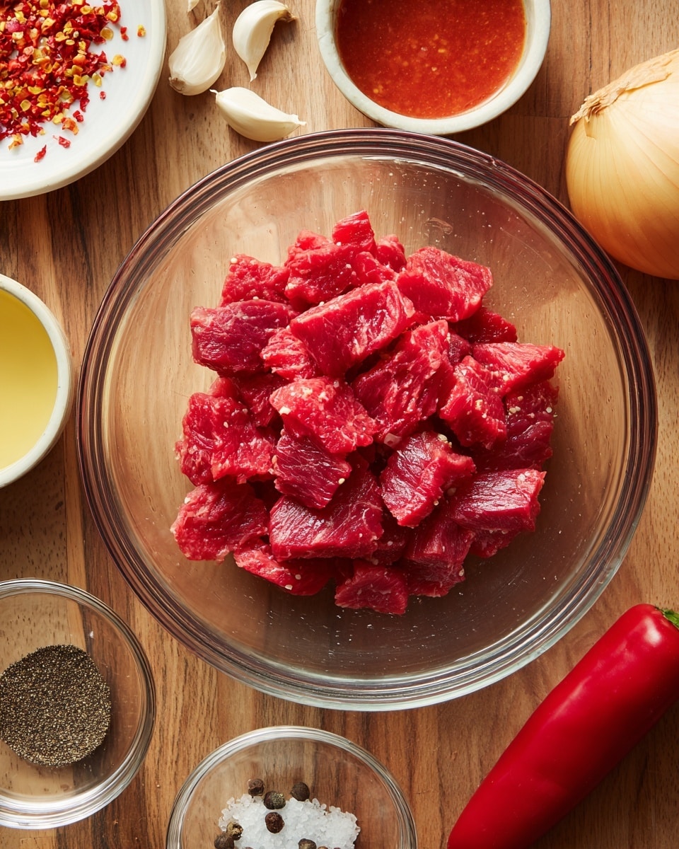 A clear glass bowl sits in the middle of a wooden surface, filled with bright red thin slices of raw meat piled in the center. Surrounding the bowl are smaller clear and white bowls containing red sauce, a pale yellow sauce, and black pepper. To the right of the bowl are a whole red chili pepper and a yellow onion. On the top left corner, there are some garlic cloves and a small pile of red chili flakes. The setup is simple and neat, showing fresh raw ingredients ready for cooking. Photo taken with an iphone --ar 4:5 --v 7