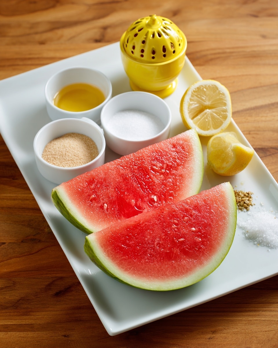 The image shows a white rectangular board on a wooden table. On the board, there are two large watermelon slices with bright red flesh and a green rind, placed side by side. Above and to the right of the watermelon, there are four small white bowls filled with different ingredients: one with light brown powder, one with clear golden liquid, one with white granulated sugar, and one with fine white salt. Next to the bowls, there is a yellow lemon sitting on a butter yellow lemon juicer with holes and a few lemon seeds visible. The whole setup is arranged neatly on the white rectangular board on the wooden table. Photo taken with an iphone --ar 4:5 --v 7