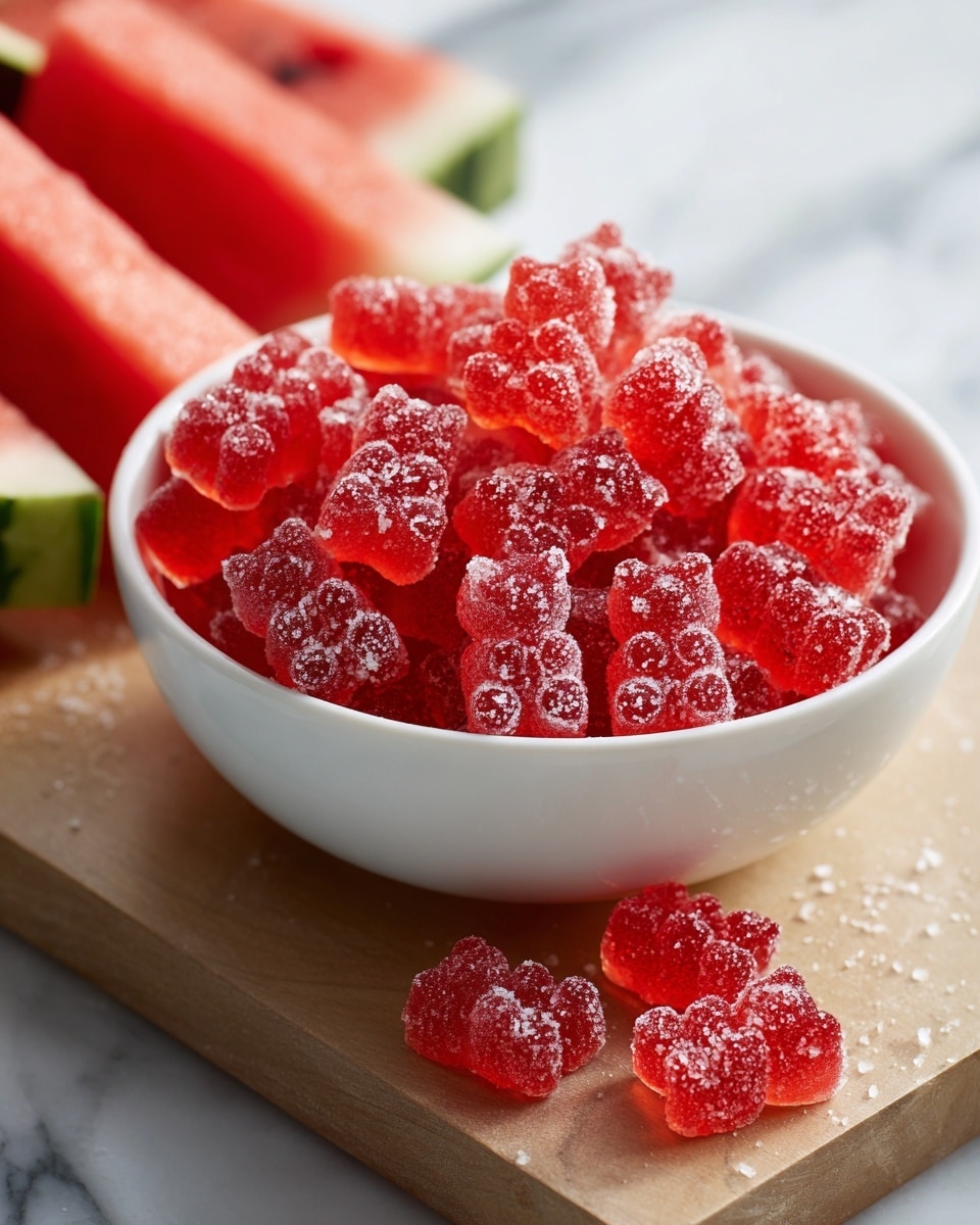 A white bowl filled with bright red gummy candies shaped like bears, each covered in a fine layer of white sugar crystals giving a frosted look, the gummies are piled high and slightly translucent showing light through them. The bowl sits on a light wooden cutting board with pieces of red watermelon with green rind blurred in the background, all placed on a white marbled surface. Photo taken with an iphone --ar 4:5 --v 7