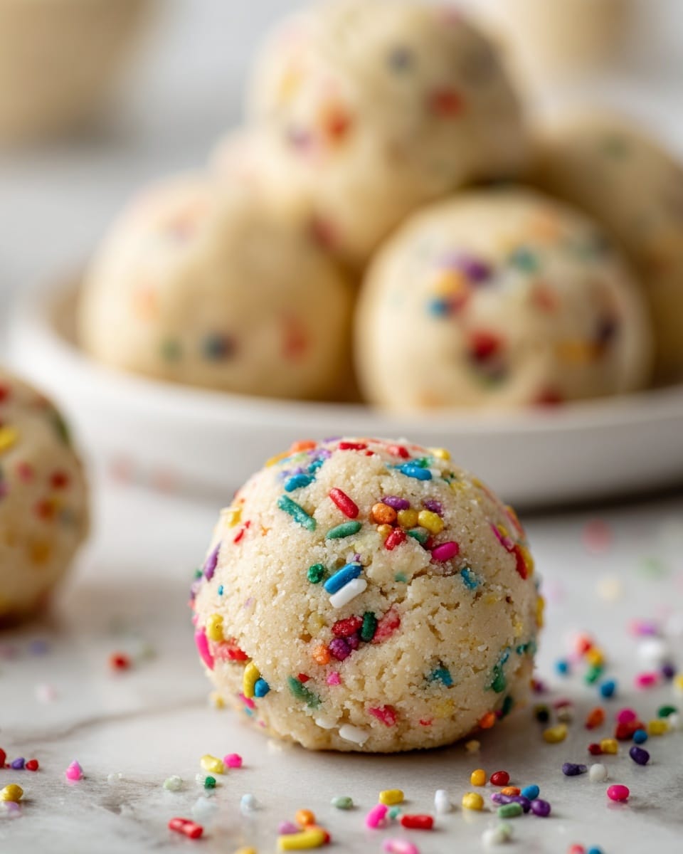 A close-up view of a single round dough ball with colorful sprinkles inside, showing its soft, crumbly texture and light beige color, resting on a white marbled surface with scattered sprinkles around it. In the background, a white plate holds several more whole dough balls of the same light beige color with sprinkles, slightly out of focus. The scene uses soft natural light, emphasizing the smooth yet slightly grainy texture of the dough balls and the bright colors of the sprinkles. Photo taken with an iphone --ar 4:5 --v 7