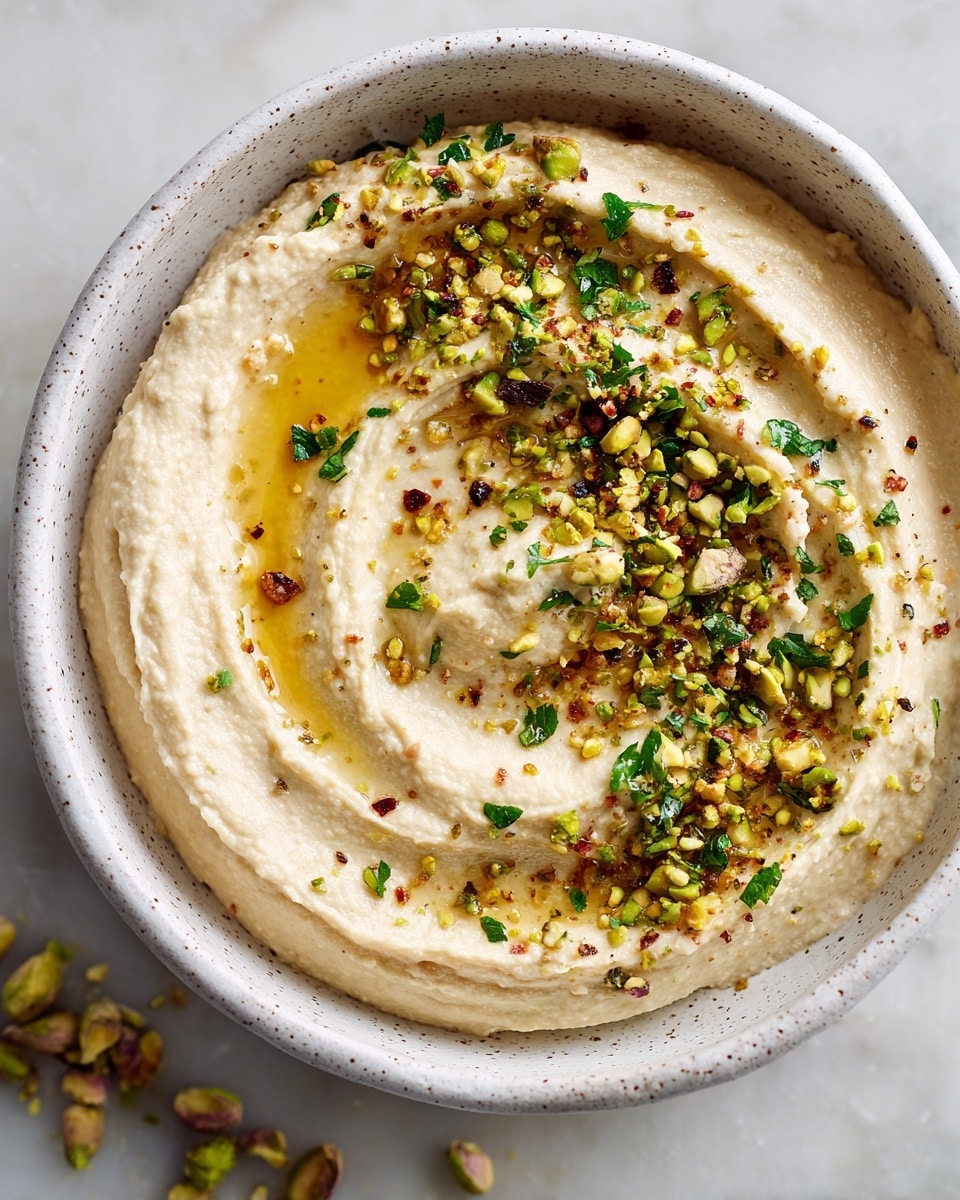 A close-up view of a thick, creamy beige hummus in a white speckled bowl, spread smoothly with visible swirls and small textured bits. The top layer is decorated with bright green chopped herbs and crushed pistachios scattered mostly on one side, with a golden layer of olive oil pooling in some shallow crevices. The bowl rests on a white marbled surface with a few crushed pistachio pieces around it. photo taken with an iphone --ar 4:5 --v 7