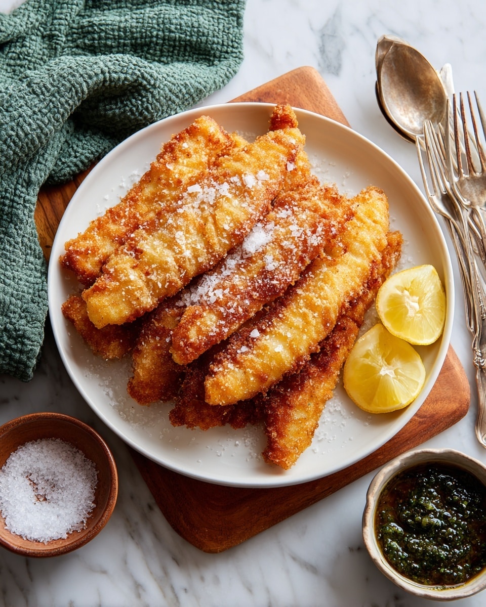 A white round plate holds a stack of seven golden brown fried fish fillets with crispy edges, sprinkled lightly with coarse salt. On the right side of the plate, there are two bright yellow lemon halves. The plate sits on a wooden board placed over a white marbled surface. To the left of the plate, there is a green loosely woven cloth with a small brown bowl filled with coarse salt on it. In front of the cloth, a fork and a spoon with polished metal shine rest side by side. To the right bottom corner, a white round bowl contains a dark green sauce with a coarse texture. The photo taken with an iphone --ar 4:5 --v 7
