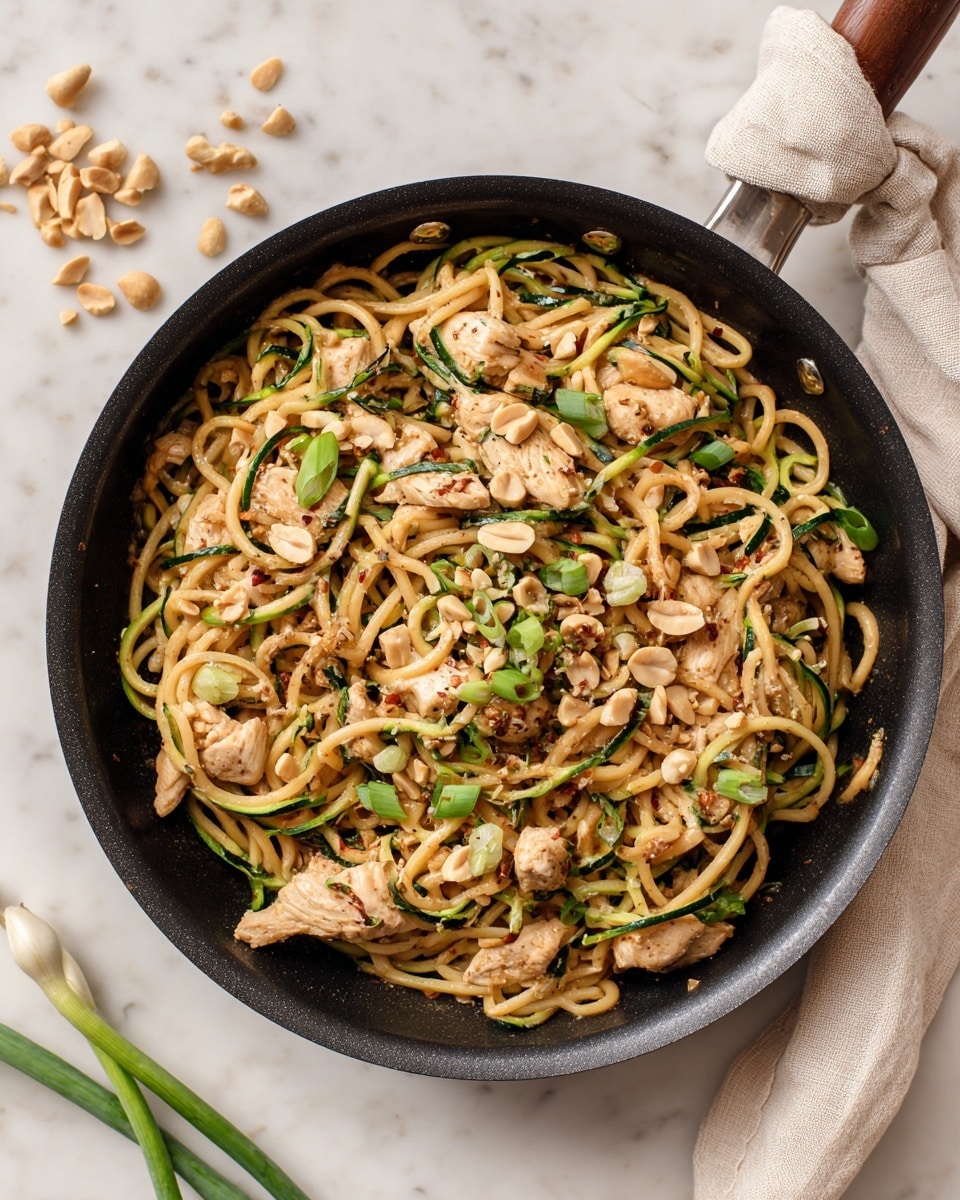 A black pan filled with pieces of light brown cooked chicken mixed with thin, pale yellow noodles and green zucchini noodles, all coated in a creamy light brown sauce. The dish is topped with scattered light beige peanuts and bright green round slices of scallions. The pan sits on a white marbled surface with some scattered peanuts and scallions around it. Photo taken with an iphone --ar 4:5 --v 7