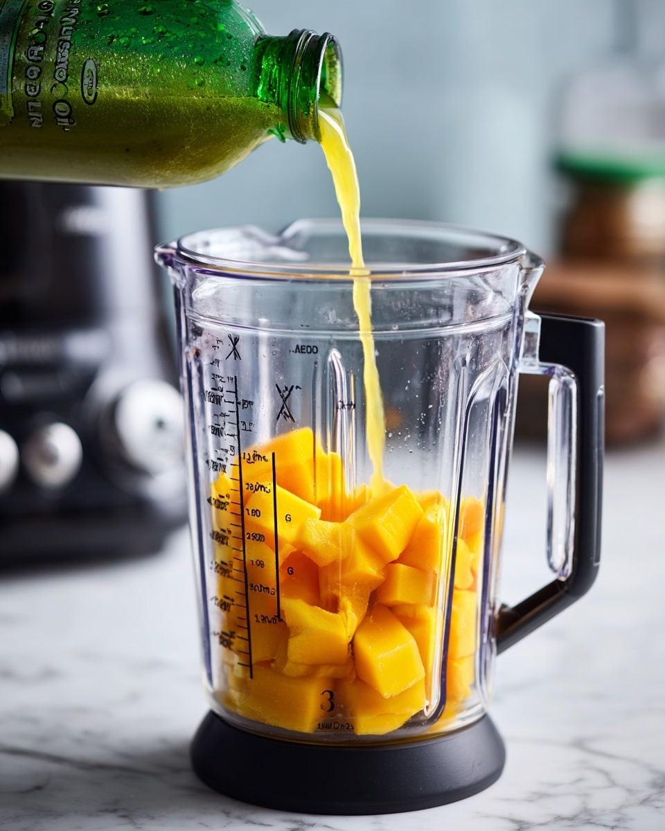 A clear blender jar with black handle contains a layer of yellow-orange mango chunks at the bottom. Above this, a liquid being poured from a green glass bottle fills the jar. The design on the jar shows black measurement markings on the side. The blender is placed on a surface with white marbled texture, and a blurred kitchen appliance is seen in the background. photo taken with an iphone --ar 4:5 --v 7