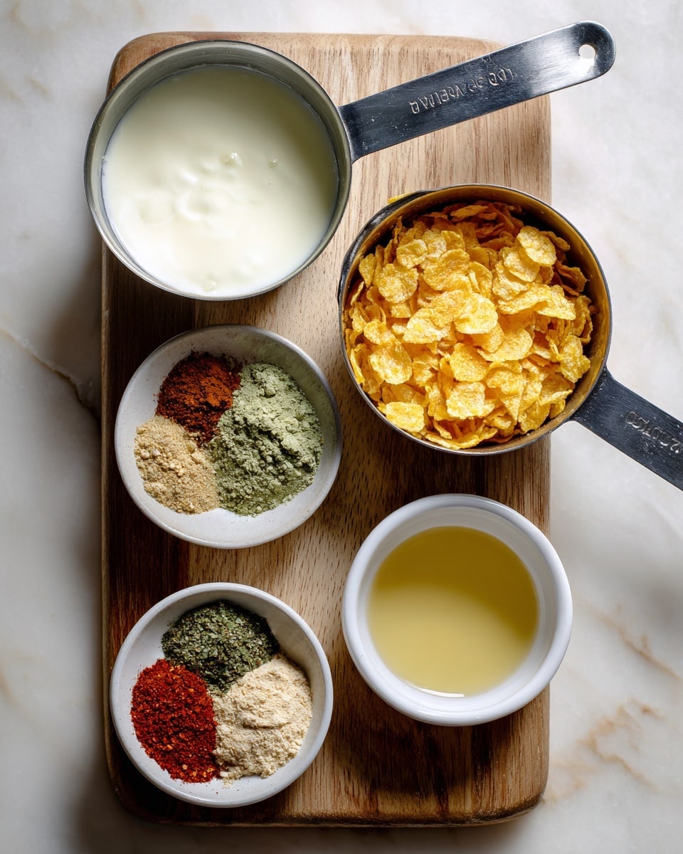 The image shows a top view of several measuring cups and a bowl placed on a wooden board on a white marbled surface. From top to bottom, there is a metal measuring cup filled with a creamy white liquid, a metal measuring cup filled with yellow corn flakes, a small white bowl with a golden liquid, and a white bowl near the bottom containing five different powdered spices separated in small piles, displaying colors like green, red, beige, and brown. Photo taken with an iphone --ar 4:5 --v 7