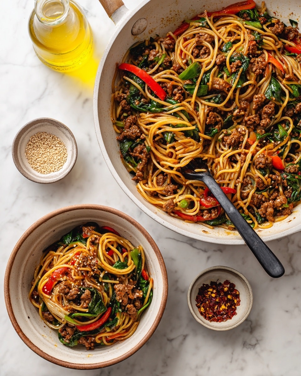 The image shows a close-up of a gray pan filled with a noodle dish. The dish has soft, light yellow noodles mixed with small pieces of cooked brown ground meat. Bright red strips of bell pepper are spread throughout, adding a vibrant color. There are also some dark green leafy vegetables mixed in. White sesame seeds are sprinkled over the top, adding a small textured detail. The pan sits on a white marbled surface with part of a woman's hand holding the pan handle visible in the lower-left corner. photo taken with an iphone --ar 4:5 --v 7